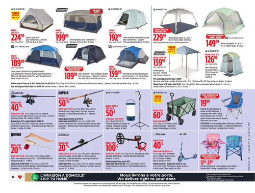 Circulaire Canadian Tire - Page 18. La page présente des articles de camping et de pêche. En haut, plusieurs tentes et abris sont offerts : une tente Woods en cadre A pour 6 personnes à 224,99 $ (rabais de 105 $), une tente Coleman Hampton pour 9 personnes à 199,99 $ (rabais de 100 $), une tente de randonnée Woods Cascade pour 3 personnes à 192,99 $ (rabais de 45 $), un abri de pique-nique Woods 12 x 12 pi à 229,99 $, un abri moustiquaire Outbound 14 x 14 pi à 149,99 $, une tente cabine Outbound pour 10 personnes à 189,99 $ (rabais de 110 $), une tente Skydome pour 4 personnes à 189,99 $, une tente dôme Woods pour 8 personnes à 139,99 $ (rabais de 50 $), un auvent Coleman pointu 10 x 10 pi à 139,99 $ (rabais de 150 $), un abri moustiquaire Woods Hideout 5,5 x 8,5 pi à 126,99 $ (rabais de 45 $), un abri pare-soleil Outbound 10 x 10 pi Easy-Up Canopy à 129,99 $, et un abri d'intimité et de douche Woods à 126,99 $. La section du milieu propose une canne et moulinet Quantum à lancer léger Resolve avec 40 % de rabais (prix régulier 89,99 $), une canne et moulinet Rapala à lancer léger Classic avec 50 % de rabais (prix régulier 89,99 $), des lanternes et lampes de camping Woods avec jusqu'à 50 $ de rabais, un chariot pliant Woods Adventure Hauler avec 60 $ de rabais (prix régulier 139,99 $), et un fauteuil de camping pliant Outbound à 19,99 $. En bas de page, on trouve un couteau à fileter Rapala avec manche en bois avec 20 % de rabais (prix régulier 35,99 $), une canne et moulinet Zebco à lancer Spincast avec 20 % de rabais (prix régulier 23,99 $), un détecteur de métal Minelab Vanquish 440 avec 100 $ de rabais (prix régulier 379,99 $), une trottinette Razor A5 Lux avec 40 % de rabais (prix régulier 134,99 $), et des fauteuils de camping pour enfants de 12,99 $ à 27,99 $.