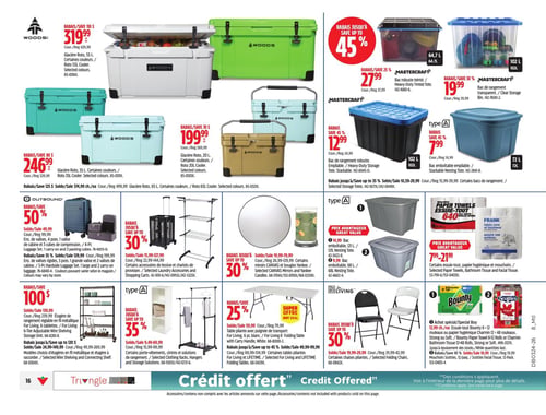 Circulaire Canadian Tire - Page 20. La page présente des articles pour le rangement, la lessive et le voyage. En haut, plusieurs glacières Roto de marque Woods sont offertes : la 55 L à 319,99 $ (rég. 429,99 $), la 35 L à 246,99 $ (rég. 329,99 $) et la 20 L à 199,99 $ (rég. 269,99 $). Économisez jusqu'à 125 $ sur les glacières Woods. À droite, des bacs de rangement Mastercraft avec des rabais allant jusqu'à 45 % : un bac robuste teinté de 64,7 L à 27,99 $ (rég. 37,99 $), un bac transparent de 102 L à 19,99 $ (rég. 29,99 $), un bac robuste de 102 L à 12,99 $ (rég. 24,99 $) et un bac emboîtable de 72 L à 7,99 $ (rég. 14,99 $). Rabais jusqu'à 35 % sur certains bacs de rangement. Au centre gauche, un ensemble de valises 4 pièces Outbound est à 129,99 $ (rég. 199,99 $), soit 50 % de rabais. À côté, des accessoires de lessive et chariots de provision sont offerts avec des rabais allant jusqu'à 30 %, à partir de 15,99 $ (rég. 22,99-144,99 $). Plus loin, des miroirs Canvas et bougies Yankee sont également en rabais jusqu'à 30 %, à partir de 19,99 $ (rég. 26,99-139,99 $). Des bacs emboîtables sont disponibles à prix avantageux : un 121 L à 14,99 $ et un 68 L à 9,99 $. Des essuie-tout, papier hygiénique et mouchoirs de marque Frank sont offerts entre 7,99 $ et 21,99 $. En bas à gauche, une étagère de rangement réglable en fil métallique est à 139,99 $ (rég. 239,99 $), soit 100 $ de rabais. Des porte-vêtements, cintres et solutions de rangement sont en rabais jusqu'à 35 %, à partir de 9,49 $ (rég. 15,99-69,99 $). Au centre, une table pliante Living avec poignée de transport est à 59,99 $ (rég. 79,99 $), soit 25 % de rabais. Des chaises pliantes Living sont en rabais jusqu'à 30 %, à partir de 19,99 $ (rég. 29,99-42,99 $). Enfin, à droite, un achat spécial sur les essuie-tout Bounty (6 ou 12 rouleaux) ou le papier hygiénique Charmin (6 ou 12 rouleaux) à 12,99 $ (rég. 20,99 $), soit 45 % de rabais. Les mouchoirs Scotties en paquet de 12 sont à 7,99 $ (rég. 13,99 $). Un message en bas de page indique "Crédit offert" et que les accessoires/contenu ne sont pas compris avec les articles annoncés sur cette page.