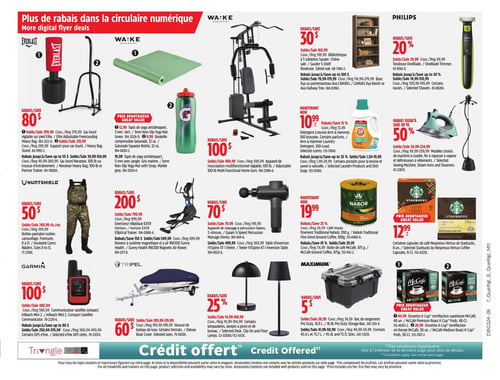 Circulaire Canadian Tire - Page 21. La page présente des rabais sur des articles de sport, de maison et de plein air. On y trouve un sac de frappe Everlast à partir de 219,99 $, un tapis de yoga Wa:Ke à 12,99 $ et une bouteille Gatorade à 9,99 $. Un appareil de musculation multifonctionnel Wa:Ke est offert avec un rabais de 100 $. Pour la maison, une bibliothèque Sauder est à 30 $ de rabais, le détergent à lessive Arm & Hammer est à 10,99 $ et des machines à coudre ou fers à repasser sont jusqu'à 50 % de rabais. Des produits de soins personnels incluent une tondeuse Philips OneBlade à 39,99 $. Pour les activités extérieures, des bottes-pantalon Huntshield sont à 249,99 $, un exerciseur elliptique ou rameur à 799,99 $ et un appareil de massage à percussion ou table d'inversion à partir de 79,99 $. Un communicateur satellite Garmin inReach Mini 2 est à 580,94 $ et des housses de bateau Tripel sont à partir de 109,99 $. Des lampadaires et lampes de bureau sont à 25 % de rabais. Côté épicerie, le café moulu Nabob est à 19,99 $, des capsules Nespresso Vertuo Starbucks à 12,99 $ et des dosettes K-Cup McCafé à 29,99 $. Enfin, des bacs de rangement Maximum Pro Duty sont à partir de 28,99 $.