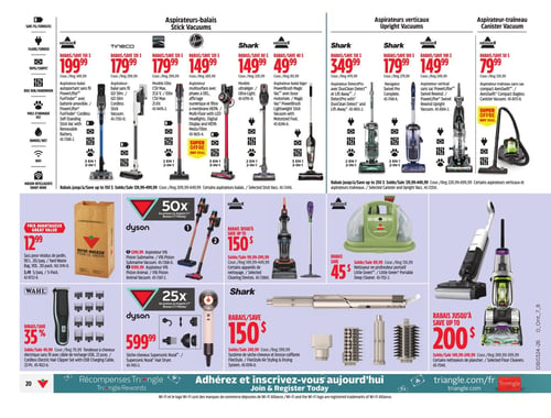 Circulaire Canadian Tire - Page 28. La page présente une variété d'appareils de nettoyage et de soins personnels. Dans la section des aspirateurs-balais, on trouve : l'aspirateur-balai sans fil autoportant Bissell PowerLifter à 199,99 $ (rég. 349,99 $); l'aspirateur-balai sans fil Tineco GO Slim à 179,99 $ (rég. 299,99 $); le modèle Kenmore Elite CSV Max 21,6 V à 179,99 $ (rég. 299,99 $); l'aspirateur multiface Hoover avec affichage numérique et filtre HEPA à 149,99 $ (rég. 269,99 $), une offre spéciale; le modèle ultraléger Shark à 149,99 $ (rég. 229,99 $); et l'aspirateur léger Bissell PowerBrush Magic Vac avec buse motorisée à 149,99 $ (rég. 89,99 $). Dans la section des aspirateurs verticaux et traîneaux : l'aspirateur Shark DetectPro avec DuoClean Detect et Lift-Away à 349,99 $ (rég. 479,99 $); l'aspirateur Shark Navigator Swivel Pro à 179,99 $ (rég. 279,99 $); l'aspirateur vertical Bissell PowerLifter Swivel Rewind à 149,99 $ (rég. 249,99 $); et l'aspirateur-traîneau sans sac compact Bissell AeroSwift à 79,99 $ (rég. 129,99 $), une offre spéciale. Des rabais allant jusqu'à 150 $ sur certains aspirateurs-balais et jusqu'à 250 $ sur certains aspirateurs verticaux et traîneaux sont offerts. Autres produits en vedette : des sacs pour résidus de jardin de 110 litres, en paquets de 20 ou 5, sont à 12,99 $; l'aspirateur Dyson V15 Piston Submarine ou V15 Piston Animal est à 1299,99 $ ou 1099,99 $, avec 50x les primes en Argent CT; le nettoyeur en profondeur portatif Bissell Little Green est à 45 $ (rég. 134,99 $); la tondeuse à cheveux électrique sans fil Wahl avec câble de recharge USB, 22 pièces, bénéficie d'un rabais de 35 % (rég. 49,99 $); le sèche-cheveux Dyson Supersonic est à 599,99 $, avec 25x les primes en Argent CT; le système de sèche-cheveux et brosse coiffante Shark FlexStyle est offert avec un rabais de 150 $ (rég. 399,99 $); et certains nettoyeurs de plancher Bissell sont en rabais jusqu'à 200 $ (rég. de 249,99 $ à 399,99 $).