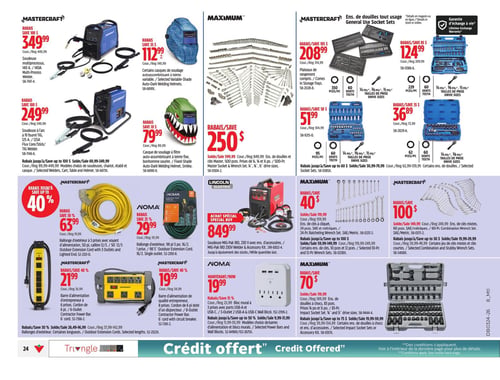 Circulaire Canadian Tire - Page 33. La page présente des outils et équipements de soudage. En haut, une soudeuse multiprocessus Mastercraft 140 A / 140A est à 349,99 $, et une soudeuse à l'arc à fil fourré TIG 125 A / 125A est à 249,99 $. Deux casques de soudage auto-assombrissants Mastercraft sont offerts : un modèle à teinte variable à 112,99 $ et un modèle "bonhomme sourire" à 79,99 $. Un ensemble de douilles et clés Master Maximum de 500 pièces est en rabais à 250 $. Quatre ensembles de douilles tout usage Mastercraft sont également disponibles : un ensemble de 350 pièces à 208,99 $, un de 229 pièces à 124,99 $, un de 95 pièces à 51,99 $ et un de 62 pièces à 36,89 $. Au centre, une rallonge d'extérieur Mastercraft jaune de 50 pieds avec 3 prises et voyant d'alimentation est à 63,99 $. Une rallonge d'extérieur Noma verte de 5 pieds avec 1 prise est à 29,99 $. Une soudeuse MIG-Pak 180 230V Lincoln Electric avec accessoires est à 849,99 $. Un ensemble de clés à cliquet Maximum de 24 pièces (SAE et métriques) bénéficie d'un rabais de 40 $. Un ensemble de clés mixtes Mastercraft de 60 pièces (SAE et métriques) bénéficie d'un rabais de 100 $. En bas, deux barres d'alimentation d'entrepreneur Mastercraft sont présentées : un modèle à 6 prises et cordon de 6 pieds à 21,99 $, et un modèle à 8 prises avec disjoncteur et cordon de 6 pieds à 19,99 $. Un bloc mural Noma à 3 prises avec ports USB-A et USB-C est à 19,99 $. Enfin, un ensemble de douilles à chocs Maximum de 83 pièces (prises 1/4 po et 3/8 po) bénéficie d'un rabais de 70 $.