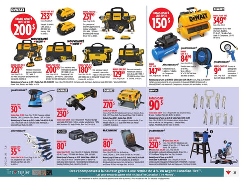 Circulaire Canadian Tire - Page 34. La page présente une variété d'outils électriques et d'accessoires. Dans la section supérieure gauche, des rabais jusqu'à 200 $ sont offerts sur les outils DeWalt, incluant une perceuse-visseuse et perceuse à percussion 20 V MAX avec batterie 5 Ah (2 paquets) à 233,79 $, une perceuse et tournevis à percussion sans balais 20 V MAX à 231,99 $, un nouvel ensemble combiné perceuse-visseuse et perceuse à percussion 20 V MAX à 221,99 $, un nouvel ensemble meuleuse avec interrupteur à glissière 20 V MAX et batterie 5 Ah à 200,99 $, un nouvel ensemble perceuse et tournevis à percussion 20 V MAX à 180,99 $, et une perceuse-tournevis à moteur sans balais au lithium-ion 20 V MAX à 129,99 $. La section supérieure droite propose des rabais jusqu'à 150 $ sur les compresseurs et accessoires, avec un compresseur d'air Mastercraft 3 gallons à 147,99 $, un compresseur d'air à deux réservoirs DeWalt 4 gallons à 349,99 $, un dévidoir Mastercraft avec tuyau à air en PVC à 84,99 $, et un pistolet de gonflage des pneus Mastercraft avec manomètre à 9,99 $. Au centre de la page, une ponceuse orbitale aléatoire Mastercraft 2,6 A est à 49,99 $, une meuleuse d'angle sans balais DeWalt 20 V MAX est à 230 $, une raboteuse DeWalt à 3 lames de 13 po est à 270 $, et un ensemble de pince-étaux Irwin de 10 pièces est à 129,99 $. En bas de page, un ensemble de pinces et clés Mastercraft de 6 pièces est à 24,99 $, une batterie PWR POD 20 V MAX 4 Ah (2 paquets) est à 101,39 $, un ensemble de forets au cobalt Maximum de 29 pièces est à 99,99 $, une raboteuse Mastercraft avec support de 12 po est à 299,99 $, et une scie à onglets coulissante à double biseau Mastercraft de 10 po est à 269,99 $.