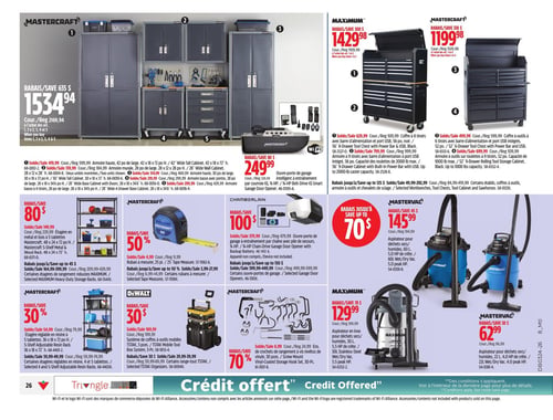 Circulaire Canadian Tire - Page 36. La page présente des solutions de rangement et des outils pour l'atelier. Un ensemble de rangement Mastercraft, incluant des armoires hautes, murales, basses et à tiroirs, est offert avec un rabais de 635 $, pour un prix de 1534,94 $. Un ouvre-porte de garage intelligent Mastercraft avec Wi-Fi est à 249,99 $. Deux coffres à outils sont en vedette : un Maximum de 56 po avec 8 tiroirs et barre d'alimentation USB à 1429,98 $, et un Mastercraft de 52 po avec 6 tiroirs et barre d'alimentation USB à 1199,98 $. Des étagères de rangement sont également disponibles : une étagère en métal et bois Mastercraft à 5 tablettes avec 80 $ de rabais, et une étagère réglable en résine Mastercraft à 5 tablettes avec 30 % de rabais. Pour les outils, un ruban à mesurer Mastercraft de 25 pieds est à 50 % de rabais, et un système de coffres à outils mobiles DeWalt TSTAK est à 30 $ de rabais. Un ensemble de 30 crochets de rangement Mastercraft est à 70 % de rabais. Enfin, trois aspirateurs pour déchets secs/humides sont présentés : un Mastervac de 60 litres, 5,0 HP à 145,99 $, un Maximum de 30 litres, 5,5 HP à 129,99 $, et un Mastervac de 22 litres, 4,0 HP à 62,99 $. Un ouvre-porte de garage Chamberlain avec chaîne et batterie de secours est à 100 $ de rabais.