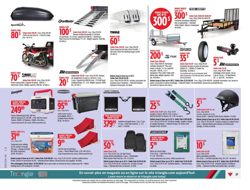 Circulaire Canadian Tire - Page 37. La page présente des accessoires de transport et de VR. On y trouve une boîte de toit SportRack Vista XL à 80 $ de rabais, une rampe multifonctionnelle en aluminium CargoMaster à 100 $ de rabais, et un porte-kayak de toit Thule à 60 $ de rabais. Pour le transport de motos, un porte-motocyclette MaxxHaul est à 70 $ de rabais et des rampes de chargement en acier Motomaster sont à 20 $ de rabais. Des accessoires de transport extérieur sont offerts avec jusqu'à 135 $ de rabais. Dans la section des remorques, il y a jusqu'à 300 $ de rabais sur certaines remorques utilitaires True North et jusqu'à 200 $ de rabais sur une remorque utilitaire galvanisée Stirling. Un ensemble de pneu et jante de remorque Hi-Run est à 35 $ de rabais, et une barre d'attelage Motomaster est à 5 $ de rabais. Jusqu'à 100 $ de rabais est applicable sur certaines remorques, pneus et jantes, accessoires et barres d'attelage. Pour les équipements de VR et d'alimentation, un poste d'alimentation Energizer ARC 260 Pro est à 249,99 $. Un coffre Action Packer Rubbermaid est à 95,99 $. Le traitement pour toilette de VR, parfum d'orange, est à 31,49 $ pour 30 paquets. Des cales de roue en plastique Motomaster sont à 9,99 $. Jusqu'à 50 $ de rabais est offert sur certains coffres Action Packer, articles et accessoires de VR et fournitures. Des prix avantageux sont disponibles sur le réservoir de rétention des eaux usées ou la trousse de mise à niveau pour VR. Enfin, des systèmes de garde-boue Rock Tamers sont à 379,99 $. Jusqu'à 50 % de rabais est offert sur les tapis de sol et tapis longs Motomaster. Une bâche de service légère certifiée est à 5,99 $. Des sangles à cliquet certifiées sont à 25 % de rabais. Des casques de moto certifiés sont à 5 $ de rabais. Une bâche spécialisée certifiée ou bâche Gorilla est à 10 $ de rabais. Jusqu'à 35 % de rabais sur certaines sangles, sangles à cliquet et sangles élastiques. Jusqu'à 30 % de rabais sur certaines bâches et jusqu'à 35 % de rabais sur certains tapis ou tapis longs.