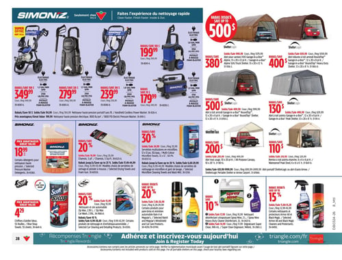 Circulaire Canadian Tire - Page 38. La page met en vedette des produits de nettoyage et d'entretien, ainsi que des abris. En haut, une sélection de nettoyeurs haute pression électriques Simoniz est offerte. On trouve un modèle de 1,2 gallon par minute et 2700 livres par pouce carré avec pistolet à mousse à 349,99 $ (rabais de 100 $), un modèle de 1,5 gallon par minute et 2100 livres par pouce carré avec pistolet à mousse à 279,99 $ (rabais de 120 $), un modèle de 1,8 gallon par minute et 2050 livres par pouce carré avec pistolet à mousse à 239,99 $ (rabais de 100 $), un modèle de 1,8 gallon par minute et 1950 livres par pouce carré avec pistolet à mousse à 199,99 $ (rabais de 100 $), et un modèle de 1,8 gallon par minute et 1750 livres par pouce carré avec pistolet à mousse à 179,99 $ (rabais de 70 $). Un nettoyeur haute pression portatif sans fil est à 114,99 $ (rabais de 50 $), et un nettoyeur haute pression électrique de 1800 livres par pouce carré est à 199,99 $. La section centrale présente des abris ShelterLogic avec des rabais allant jusqu'à 500 $. On y trouve un abri pour camion ou VUS Garage-in-a-Box Alpine de 13 x 20 x 12 pieds de haut à 380 $, un abri robuste à toit arrondi Roundtop Garage-in-a-Box Heavy-Duty Shelter de 12 x 20 x 8 pieds de haut à 400 $, un abri à toit arrondi Garage-in-a-Box Roundtop de 12 x 20 x 8 pieds de haut à 500 $, un abri à toit pointu Garage-in-a-Box de 12 x 20 x 8 pieds de haut à 130 $, un abri tout usage WeatherFast de 10 x 20 pieds de haut à 200 $, et un abri à toit pointu étanche de 6 x 6 x 6 pieds de haut à 110 $. Dans la partie inférieure de la page, divers produits d'entretien sont affichés. Les détergents pour nettoyeurs haute pression Simoniz sont à 18,99 $. Les chamois Simoniz de 5 pieds carrés sont à 19,99 $ (rabais de 20 %), et les serviettes multicolores en microfibre Simoniz de 12 x 12 pouces, paquet de 50, sont à 24,99 $ (rabais de 30 %). Des modèles choisis de serviettes de séchage et pistolet à mousse, ainsi que des serviettes de nettoyage en microfibre et gant de lavage, sont également en rabais. Pour l'entretien automobile, le nettoyant et cire automobile Turtle Wax de 2,95 litres est à 15,99 $ (rabais de 20 %). Certains produits de nettoyage et d'esthétique automobile Meguiar's sont à 8,99 $ (rabais de 10 %). Certains produits pour pare-brise et entretien automobile Rain-X sont en rabais jusqu'à 15 %. Enfin, des produits de nettoyage général sont disponibles : le nettoyant désinfectant ultrapuissant Spray Nine à 9,99 $ (rabais de 10 %), le dégraissant super propre Super Clean de 946 ml à 14,99 $ (rabais de 10 %), et certains produits et protecteurs Armor All et Black Magic sont en rabais jusqu'à 15 %. Les chiffons d'atelier bleus Scott de 55 feuilles sont à 4,29 $.