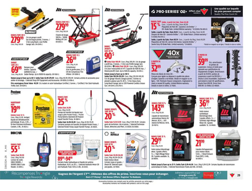 Circulaire Canadian Tire - Page 40. La page présente une variété d'outils et de produits automobiles. On y trouve un cric de garage à profil bas DeWalt de 3 tonnes à 279,99 $, un chariot de levage Motomaster de 500 livres à 279,99 $, et des crics de garage robustes Motomaster avec rabais allant jusqu'à 90 $. Des rampes Certified d'une capacité de 9000 livres sont offertes à 69,99 $, et un compresseur d'air Certified 12 V à 26,69 $. La section Pro-Series OE propose 15 % de rabais sur les plaquettes de frein OE+, des pièces de châssis OE+ à partir de 32,99 $, et des amortisseurs et jambes de suspension à partir de 39,99 $. Pour l'entretien, il y a l'antigel/liquide de refroidissement prémélangé Prestone de 3,78 litres à 19,99 $, et une pompe de transfert de liquide Prestone avec 25 % de rabais. Des gants de technicien, clés et pinces Motomaster sont offerts avec jusqu'à 20 % de rabais. Un lecteur de codes OBD2 Innova est à 55,99 $. Des huiles hydrauliques et liquide de système hydraulique Certified de 18,9 ou 20 litres sont disponibles entre 89,99 $ et 94,99 $. L'huile moteur diesel Shell Rotella bénéficie d'un rabais allant jusqu'à 20 %. Enfin, des produits Motomaster incluent le liquide de transmission automatique de 18,9 litres à 143,99 $, l'huile moteur synthétique de 5 litres à 36,99 $, l'huile moteur de 5 litres à 29,99 $, et le liquide d'échappement pour moteur diesel de 9,46 litres à 21,99 $.