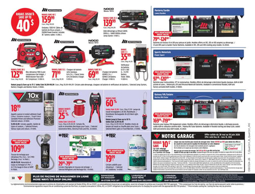 Circulaire Canadian Tire - Page 41. La page présente des offres sur les démarreurs, chargeurs de batterie, batteries et produits d'entretien automobile. En haut à gauche, un démarreur/chargeur de batterie Mastercraft 900 A est à 159,99 $. À droite, un aide-démarreur au lithium NOCO GB40 est à 139,99 $. La section centrale propose plusieurs articles pour batteries : un bloc démarreur Mastercraft 900 A avec compresseur d'air intégré à 123,99 $; un chargeur de batterie Mastercraft 8/4/2 A à 71,99 $; un chargeur de batterie NOCO GENIUS 2 A à 69,99 $; et un vérificateur de batterie Mastercraft à 35,99 $. Des rabais allant jusqu'à 75 $ sont offerts sur certains de ces produits. Sur le côté droit, trois catégories de batteries sont en promotion : pour parterre et jardin, des batteries de tracteur et UIR sont offertes de 79,99 $ à 124,99 $; pour sports motorisés, des batteries pour motocyclettes, VTT et motomarines sont disponibles de 97,99 $ à 120,99 $; et pour bateau, VR et solaire, des batteries sont en vente de 169,99 $ à 719,99 $. En bas à gauche, un apprêt à poncer et enduit adhérant Dupli-Color est à 18,99 $. D'autres types et couleurs sont offerts de 12,99 $ à 32,99 $. À côté, des fils électriques pour l'auto Mastercraft sont en rabais jusqu'à 25 %. Une lampe de travail rechargeable Mastercraft est à 60 % de rabais. La section centrale inférieure propose des produits pour climatiseur : une trousse de recharge A/C Pro à 109,99 $; certains frigorigènes et trousses de recharge Red Tek à 29,99 $; et des additifs pour climatiseur Red Tek à 19,99 $. Enfin, la section "Notre Garage" offre un rabais de 10 $ sur une vidange d'huile synthétique ou un changement de filtre, valide du 28 mai au 18 juin 2026. Des détails pour obtenir le coupon sont disponibles par texto.