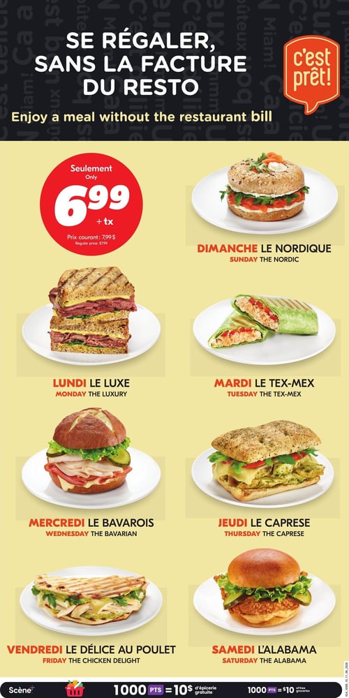 Circulaire IGA - Page 13. La page promeut l'offre "Se régaler, sans la facture du resto" avec des repas préparés. Chaque repas est offert à seulement 6,99 $ + taxes, le prix courant étant de 7,99 $. Les repas de la semaine incluent : Dimanche le Nordique (un bagel au saumon fumé), Lundi le Luxe (un sandwich grillé à la viande fumée et fromage), Mardi le Tex-Mex (un wrap au poulet épicé), Mercredi le Bavarois (un sandwich au pain bretzel avec charcuteries et cornichons), Jeudi le Caprese (un sandwich focaccia au poulet, pesto et fromage), Vendredi le Délice au Poulet (un panini au poulet et fromage), et Samedi l'Alabama (un sandwich au poulet frit). En bas de page, une offre Scène+ indique que 1000 points équivalent à 10 $ d'épicerie gratuite.