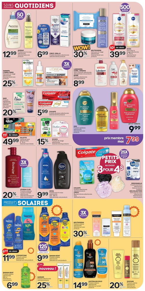 Circulaire Brunet - Page 6. La page est divisée en deux sections principales : "Soins Quotidiens" et "Produits Solaires".

Dans la section "Soins Quotidiens" :
Les produits pour le corps Aveeno sont à 12,99 $ avec 50 points bonis. Les produits dentaires Crest ou Oral-B sont à 6,99 $. Les soins pour le visage Neutrogena sont à 30 % de rabais. Les soins pour le visage Nivea (15 à 30 ml) sont à 39,99 $ avec 10 $ de rabais et 500 points bonis. Les soins pour le visage Garnier ou L'Oréal Paris sont à 25 % de rabais et offrent 3x les points. Les soins corporels Lubriderm, Curél, Jergens ou Bioré sont à 8,99 $. Les produits dépilatoires Nair sont à 20 % de rabais. Les produits dentaires Colgate sont à 5,99 $. Les produits capillaires OGX sont à 9,99 $ ou 7,99 $ avec la carte Moi. Les lames de rasoir Gillette (8 à 15 unités) sont à 49,99 $ avec jusqu'à 11 $ de rabais. Les produits de rasage Schick sont à 15 % de rabais. Les produits corporels ou pour le rasage Athena Club sont à 20 % de rabais et offrent 3x les points. Les produits pour le corps Nivea (500 à 897 ml) sont à 9,99 $. Une offre "Petits Prix" propose 3 produits pour 4 $ parmi les produits sélectionnés Colgate, les baumes à lèvres Lypsyl, les produits Personnelle ou les soins pour le corps Spa Collection, avec 25x les points à l'achat de 3.

Dans la section "Produits Solaires" :
Les produits solaires Coppertone (480 ml) sont à 11,99 $ avec 6,50 $ de rabais. Les produits solaires Banana Boat sont à 9,99 $ avec 125 points bonis. Les produits solaires Neutrogena sont à 30 % de rabais et offrent 3x les points. Les produits solaires Banana Boat (480 ml) sont à 6,99 $. Nouveauté : les produits Garnier sélectionnés sont à 25 % de rabais. Les produits solaires Australian Gold sont à 14,99 $. Les produits solaires Sun Bum sont à 20 % de rabais.