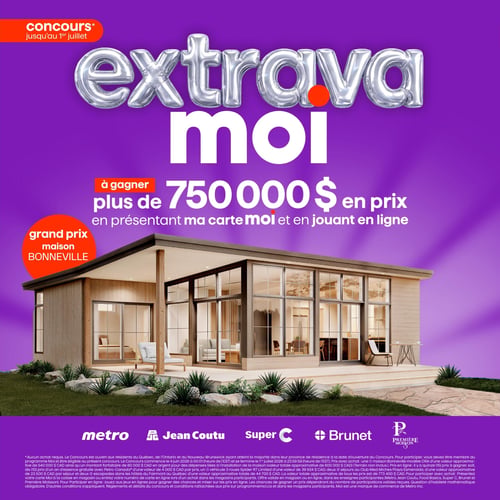 Circulaire Brunet - Page 9. Cette page est dédiée au concours "Extravamoi" qui se termine le 1er juillet. Il y a plus de 750 000 $ en prix à gagner en présentant la carte moi ou en jouant en ligne. Le grand prix est une maison BONNEVILLE, illustrée par une photo d'une résidence moderne avec de larges baies vitrées et une terrasse extérieure, entourée de pelouse et de roches. Les logos des partenaires du concours sont affichés en bas : Metro, Jean Coutu, Super C, Brunet et Première Moisson. Une section en petits caractères fournit les détails du concours, incluant l'éligibilité au Québec, en Ontario et au Nouveau-Brunswick, et mentionne des prix comme une maison Bonneville modèle ORA et des séjours au Fairmont.