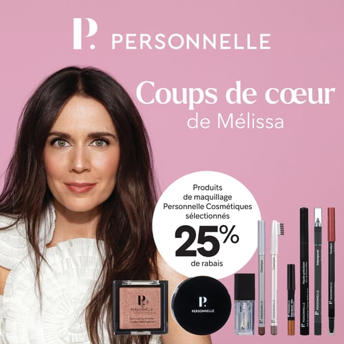 Circulaire Brunet - Page 11. La page présente une femme souriante sur un fond rose, avec le logo "P. PERSONNELLE" en haut. Le titre "Coups de cœur de Mélissa" est affiché. Une bulle blanche indique "Produits de maquillage Personnelle Cosmétiques sélectionnés 25 % de rabais". Autour de la bulle et de la femme, plusieurs produits de maquillage Personnelle sont visibles, incluant une poudre illuminatrice, une poudre libre, une huile à lèvres Lustre, un crayon yeux Classique, un crayon sourcils Classique, un fard à paupières Éclat éternel - 12 h, un traceur feutre yeux Haute précision, un crayon contour des yeux Intemporel et un crayon à lèvres Fondant.