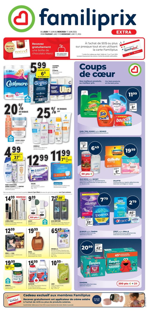 Circulaire Familiprix - Page 1. La page débute avec une offre spéciale : recevez gratuitement une boîte de chocolats Merci d'une valeur de 9,79 $ à l'achat de 50 $ ou plus avec la carte Familiplus. Cette offre est présentée comme une idée-cadeau pour les enseignants.
La section de gauche propose les papiers hygiéniques Cashmere (12-24 rouleaux), les essuie-tout Scotties (6 rouleaux) ou Essentie Ultra (6 rouleaux) à 5,99 $ jusqu'à 6 $ de rabais. Bénéficiez de 20 % de rabais sur les produits Karine Joncas (gamme complète) et de 25 % de rabais sur les produits solaires Ombrelle sélectionnés. Les produits capillaires Head & Shoulders, Herbal Essences ou Pantene sont à 4,99 $ jusqu'à 37 % de rabais. Les suppléments Ensure (repas, 6 x 235 ml) sont à 12,99 $ et les culottes protectrices Essentiel sont à 11,99 $ jusqu'à 7 $ de rabais. Les produits de maquillage L'Oréal Paris sont à 14,99 $. Les vernis gel 3 en 1 Looky sont à 9,99 $ avec 100 points bonis. Les nettoyants corps et visage Dove Men Care (532 ml) sont à 7,49 $ avec 28 % de rabais. Les colorations capillaires L'Oréal Féria ou Olia sont à 12,99 $. L'eau de toilette pour homme Guess By Marciano (100 ml) est à 19,99 $. La préparation pour nourrissons Enfamil A+ (2 x 431 g) est à 65,49 $. Les produits Genacol sont à 19,99 $ jusqu'à 12 $ de rabais. Les produits Gaviscon sont à 15,99 $. Le chocolat Lindt (150 g) est à 10,99 $.
La section de droite, intitulée "Coups de cœur", présente les produits Gain, Tide, Downy ou Bounce à 11,99 $ jusqu'à 8 $ de rabais. Les antisudorifiques ou déodorants Old Spice ou Secret sont à 6,49 $ avec plus de 3 $ de rabais et 50 points bonis. Les cartouches ou rasoirs Gillette sont à 19,99 $ jusqu'à 6 $ de rabais. Les produits Always ou Tampax sont à 7,79 $ jusqu'à 35 % de rabais. Les produits buccaux Crest ou Oral-B sont à 2,79 $ avec 40 % de rabais. Enfin, les couches Pampers sont à 20,99 $ jusqu'à 42 % de rabais, avec 45 % plus de couches et 200 points bonis valant 2 $.
En bas de page, une offre exclusive aux membres Familiplus : recevez gratuitement un applicateur de crème solaire d'une valeur de 22 $ à l'achat de 40 $ ou plus de produits solaires.