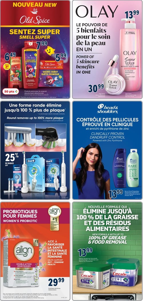 Circulaire Familiprix - Page 5. La page est divisée en six sections distinctes. En haut à gauche, la marque Old Spice présente ses nouveautés : le gel douche Cosmic Quest à 7,99 $, le déodorant en vaporisateur à 6,49 $ (avec un rabais de 3 $) et le pain de savon Cosmic Quest à 5,99 $. Un bonus de 50 points est offert. En haut à droite, Olay met en avant le pouvoir de 5 bienfaits pour le soin de la peau en un : le nettoyant pour le corps Super Sérum à 13,99 $ et le sérum Super Sérum à 30,99 $. Au centre à gauche, Oral-B propose 25 % de rabais sur les brosses à dents électriques Oral-B Pro 300 et Pro 1000, ainsi que sur les têtes de rechange, soulignant qu'une forme ronde élimine jusqu'à 100 % plus de plaque. Au centre à droite, Head & Shoulders offre ses shampoings antipelliculaires sélectionnés, incluant Clinical Thérapeutique et Bare, en format de 400 ml, à 13,99 $. En bas à gauche, les probiotiques Align pour femmes sont présentés pour favoriser la santé intestinale et féminine, avec le produit Align Double Action pour femmes, 28 capsules, à 29,99 $. Enfin, en bas à droite, Cascade propose sa nouvelle formule qui élimine jusqu'à 100 % de la graisse et des résidus alimentaires, avec le détergent pour lave-vaisselle Cascade Platinum (39 sachets) ou Platinum Plus (30 sachets) à 13,99 $.