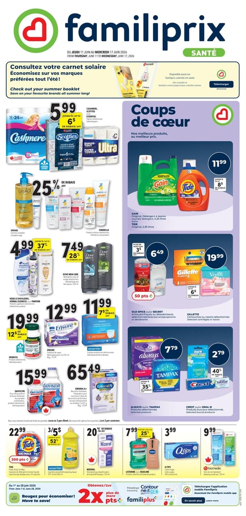 Circulaire Familiprix - Page 1. La page débute avec une invitation à consulter le carnet solaire pour économiser sur les marques préférées tout l'été. La section "Coups de cœur" met en vedette le détergent à lessive Gain original de 4,25 litres ou Tide original de 2,36 litres à 11,99 $, avec jusqu'à 8 $ de rabais. On y trouve aussi les antisudorifiques ou désodorisants Old Spice ou Secret à 6,49 $ (plus de 3 $ de rabais), et les cartouches ou rasoirs Gillette ou Venus sélectionnés à 19,99 $ (jusqu'à 6 $ de rabais). À gauche, les papiers hygiéniques Cashmere, les essuie-tout Scotties ou Essuie-Tout Ultra sont offerts à 5,99 $ (jusqu'à 6 $ de rabais). Les produits Uriage gamme complète bénéficient de 25 % de rabais. Les produits solaires Ombrelle sélectionnés sont également en promotion. Les produits capillaires Head & Shoulders, Herbal Essences ou Pantene sont à 4,99 $ (jusqu'à 37 % de rabais). Les nettoyants corps Dove Men Care sont à 7,49 $ (28 % de rabais). Le Genacol est à 19,99 $ (12 $ de rabais). Le substitut de repas Ensure de 6 x 235 ml est à 12,99 $. Les culottes protectrices Essentiel sont à 11,99 $ (7 $ de rabais). Le Gaviscon pour reflux acide et brûlures d'estomac est à 15,99 $. La préparation pour nourrissons Enfamil A+ NeuroPro Gentlease est à 65,49 $. Les produits Always ou Tampax sélectionnés sont à 7,79 $ (jusqu'à 35 % de rabais). Les produits buccaux Crest ou Oral-B sélectionnés sont à 2,79 $ (40 % de rabais). Le détergent à lessive Tide Oxi Max de 45 capsules est à 22,99 $. Le liquide à vaisselle Essentiel de 591 ml à 800 ml est à 3 pour 5 $ (jusqu'à 52 % de rabais). Le shampoing antipelliculaire Nizoral de 120 ml est à 20 % de rabais. Les produits Listerine ou Vaseline sélectionnés sont à 7,99 $ (plus de 25 % de rabais). Les cotons-tiges Q-Tips de 400 unités sont à 3,99 $. Le soin du nez hydratant Biomedic de 135 ml est à 9,99 $. En bas de page, une promotion "Bougez pour économiser!" offre 2x plus de points "familiprixplus" du 1er au 28 juin 2026. Il y a aussi une invitation à télécharger l'application mobile Familiprix.