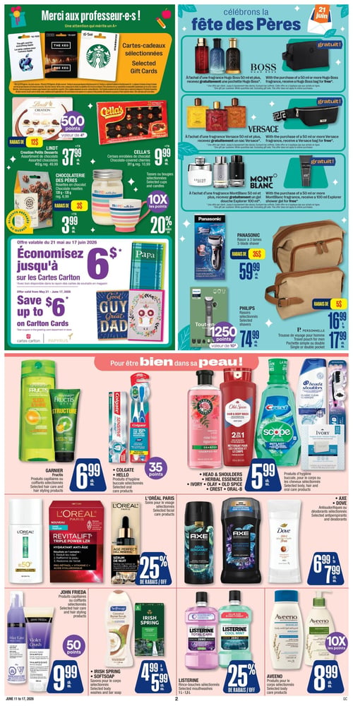 Circulaire Jean Coutu - Page 3. La page est divisée en plusieurs sections. En haut à gauche, sous le titre "Merci aux professeur-e-s!", des cartes-cadeaux sélectionnées sont présentées, incluant Apple, The Keg et Starbucks. Des offres de chocolats sont visibles : Lindt Création Petits Desserts, assortiment de chocolats, à 37,99 $ l'unité, avec 500 points bonis. Des cerises enrobées de chocolat Cella's sont à 9,99 $ l'unité. La Chocolaterie des Pères propose des rosettes de chocolat à 3,99 $ l'unité après un rabais de 3 $. Une offre permet d'économiser jusqu'à 6 $ sur les Cartes Carlton. 

En haut à droite, la section "célébrons la fête des Pères" met en vedette des fragrances : à l'achat d'une fragrance Hugo Boss 50 ml et plus, recevez gratuitement un sac Hugo Boss. Pour l'achat d'une fragrance Versace 50 ml et plus, recevez gratuitement un sac Versace. À l'achat d'une fragrance Mont Blanc 50 ml et plus, recevez gratuitement un gel douche Explorer 100 ml. Des rasoirs sont aussi offerts : le rasoir à 3 lames Panasonic est à 59,99 $ après un rabais de 35 $. Les rasoirs sélectionnés Philips sont à 74,99 $ avec 1250 points bonis. Une trousse de voyage pour homme Personnelle est à 16,99 $ ou 17,99 $. 

La section inférieure, intitulée "Pour être bien dans sa peau!", présente des produits de soins personnels. Les produits capillaires ou coiffants sélectionnés Garnier Fructis sont à 6,99 $ l'unité. Les produits d'hygiène buccale sélectionnés Colgate et Hello sont offerts avec 35 points bonis. Une sélection de produits d'hygiène buccale, pour le corps ou les cheveux des marques Head & Shoulders, Herbal Essences, Ivory, Old Spice, Crest et Oral-B sont à 5,99 $ l'unité. Les soins du visage sélectionnés L'Oréal Paris bénéficient d'un rabais de 25 %. Les antisudorifiques ou déodorants sélectionnés Axe et Dove sont entre 6,99 $ et 7,99 $ l'unité. Les produits capillaires sélectionnés John Frieda sont à 9,99 $ l'unité, avec 50 points bonis. Les savons pour le corps sélectionnés Irish Spring et Softsoap sont entre 4,99 $ et 5,99 $ l'unité. Les rince-bouches sélectionnés Listerine (1 L à 1,5 L) bénéficient d'un rabais de 25 %. Enfin, les produits pour le corps sélectionnés Aveeno sont à 8,99 $ l'unité, avec 10 fois les points bonis.