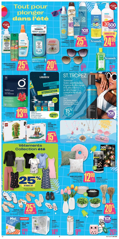 Circulaire Jean Coutu - Page 6. La page est intitulée "Tout pour plonger dans l'été" sur un fond bleu avec des motifs estivaux. En haut à gauche, les insectifuges sélectionnés des marques Great Outdoors, Personnelle et Ungava sont offerts à 25 % de rabais. À côté, les produits sélectionnés Thermacell et Coleman sont à 20 % de rabais. En haut à droite, les produits solaires sélectionnés Hawaiian Tropic et Blue Lizard bénéficient de 25 % de rabais et 10x les points. La lotion solaire Personnelle de 1 L est à 24,99 $ avec 3500 points. Les lunettes de soleil Styliss sélectionnées sont à 9,99 $ et le gel à l'aloès Personnelle de 480 ml est à 5,99 $. Au centre gauche, les produits O Hydration sélectionnés sont à 13,99 $. Le Liquid I.V. Hydration Multiplier, variétés sélectionnées, est à 12,99 $ (prix régulier 16,99 $). Au centre droit, le nouvel autobronzant Express St. Tropez est à 15 % de rabais et offre 10x les points. Plus bas, les jouets LEGO Édition FIFA sélectionnés sont à 15 % de rabais. Les bijoux et accessoires pour enfants Majirev sont offerts à partir de 9,99 $. Une grande section "Vêtements Collection été" propose des vêtements sélectionnés à 25 % de rabais. Les coussins Home Exclusives sélectionnés de 43 cm x 43 cm sont à 12,99 $. Les ensembles de lumières DEL Danson sélectionnés sont à 12,99 $. Les sandales ou chaussures Tropical Daze sélectionnées sont à 25 % de rabais, et les pantoufles Studio sélectionnées sont également présentées. Les produits Danson sélectionnés, incluant des fleurs et plantes décoratives, sont à 20 % de rabais. En bas à gauche, le livre Moi J'aime Jouer est à 12,95 $. Le ventilateur Aries 2 en 1 de 15 cm est à 14,99 $. En bas à droite, les bouteilles Home Exclusives sélectionnées de 800 ml sont à 9,99 $. Enfin, les verres ou tasses Kawaii sélectionnés sont à 20 % de rabais et offrent 10x les points.