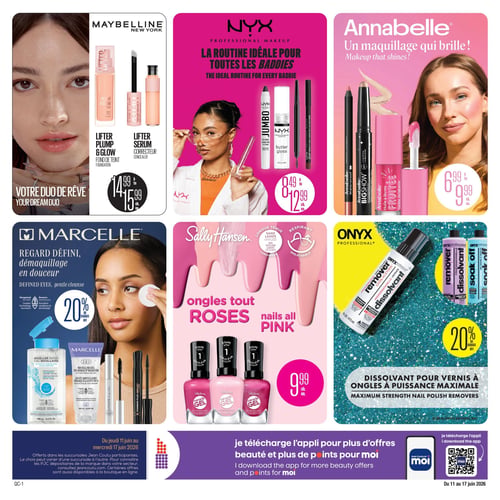 Circulaire Jean Coutu - Page 2. La page présente six sections dédiées aux produits de beauté. En haut à gauche, Maybelline New York propose le fond de teint Lifter Plump & Glow et le correcteur Lifter Serum, offerts entre 14,99 $ et 15,99 $ chacun. Au centre, NYX Professional Makeup met en vedette "La routine idéale pour toutes les baddies" avec le crayon pour les yeux Jumbo, le Butter Gloss et le crayon pour les lèvres Slim, à des prix variant de 8,49 $ à 12,99 $ chacun. À droite, Annabelle présente des produits pour "Un maquillage qui brille!", incluant un crayon pour les yeux, le mascara BigShow et l'huile à lèvres Fruitée, offerts entre 6,99 $ et 9,99 $ chacun. Au milieu à gauche, Marcelle offre 20 % de rabais sur des produits pour un "Regard défini, démaquillage en douceur", comme l'eau micellaire, la gelée micellaire démaquillante yeux et les mascaras Ultimate Lash et Xtension Plus Amplify. Au centre, Sally Hansen propose des vernis Miracle Gel pour des "Ongles tout roses", disponibles à 9,99 $ chacun, avec des caractéristiques de longue tenue, sans lampe UV/LED et respirant. À droite, Onyx Professional offre 20 % de rabais sur ses dissolvants pour vernis à ongles à puissance maximale, incluant le dissolvant 100 % acétone, le dissolvant formule hydratante et les dissolvants Soak Off. La circulaire rappelle que les offres sont valides du jeudi 11 juin au mercredi 17 juin 2026 et invite à télécharger l'application Jean Coutu et moi pour plus d'offres beauté et de points.