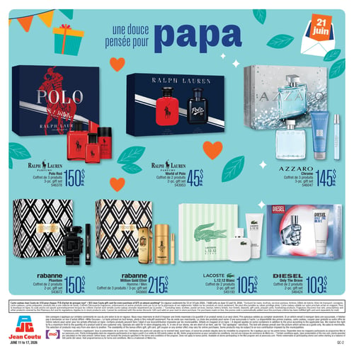 Circulaire Jean Coutu - Page 4. La page, sur le thème de la Fête des Pères avec le titre "une douce pensée pour papa" et la date du 21 juin, présente sept offres de coffrets-cadeaux de parfums pour hommes. La première rangée propose : le coffret de 3 produits Polo Red de Ralph Lauren Parfums à 150 $ chacun, le coffret de 2 produits World of Polo de Ralph Lauren Parfums à 45 $ chacun, et le coffret de 3 produits Chrome d'Azzaro à 145 $ chacun. La deuxième rangée inclut : le coffret de 2 produits Phantom de Rabanne à 150 $ chacun, le coffret de 3 produits Million Gold pour homme de Rabanne à 215 $ chacun, le coffret de 2 produits L.12.12 Blanc de Lacoste à 105 $ chacun, et le coffret de 2 produits Only The Brave de Diesel à 103 $ chacun.