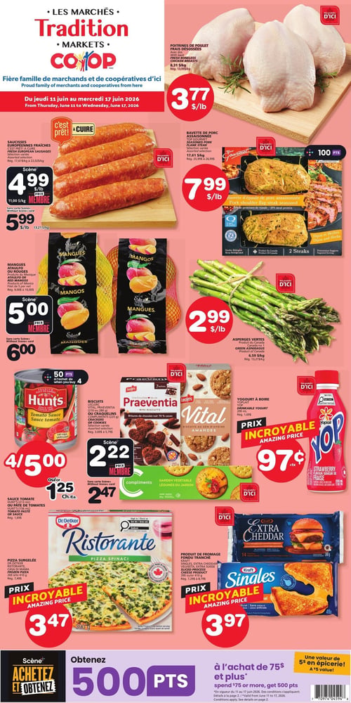 Circulaire Les Marchés Tradition - Page 1. Valide du 11 au 17 juin 2026. La page met en vedette des poitrines de poulet frais désossées à 3,77 $ la livre (8,31 $/kg). Des saucisses européennes fraîches, prêtes à cuire, sont offertes à 4,99 $ la livre (11,00 $/kg) avec la carte Scène+, ou 5,99 $ la livre (13,21 $/kg) sans carte. La bavette de porc assaisonnée Top Gourmet, sélection variée, est à 7,99 $ la livre (17,61 $/kg). On trouve aussi des mangues Ataulfo ou rouges du Mexique à 5,00 $ avec la carte Scène+, ou 6,00 $ sans carte. Les asperges vertes, produit du Canada, sont à 2,99 $ la livre (6,59 $/kg). Dans la section épicerie, la sauce tomate Hunt's (213 ml) ou la pâte de tomates (156 ml) sont à 4 pour 5,00 $ ou 1,25 $ l'unité (rég. 1,69 $). Obtenez 50 points à l'achat de 4 unités. La pizza surgelée Dr. Oetker Ristorante (390 g), sélection variée, est à un prix incroyable de 3,47 $ (rég. 7,49 $). Des biscuits Leclere Praeventia (210 ou 280 g), des craquelins Compliments (225 g) ou des biscuits Vital, sélection variée, sont à 2,22 $ avec la carte Scène+, ou 2,47 $ sans carte (rég. de 3,69 $ à 5,79 $). Le yogourt à boire Yoplait (200 ml), saveur fraise, est à un prix incroyable de 0,97 $ (rég. 1,69 $). Le produit de fromage fondu tranché Kraft Extra Cheddar (390 g) ou Singles (410 g) est à un prix incroyable de 3,97 $ (rég. de 4,99 $ à 8,79 $). Enfin, obtenez 500 points à l'achat de 75 $ et plus, une valeur de 5 $ en épicerie. Cette offre est en vigueur du 11 au 17 juin 2026.