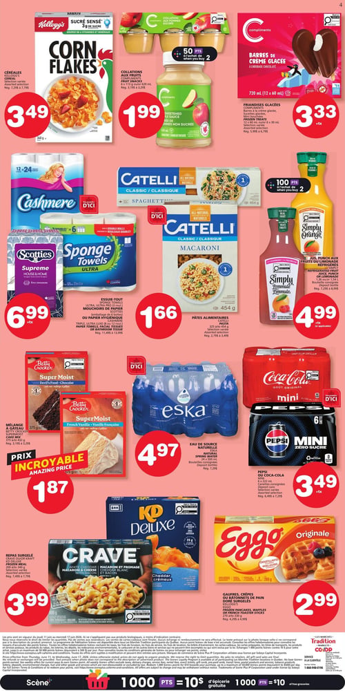 Circulaire Les Marchés Tradition - Page 4. La page présente onze offres de produits. En haut à gauche, les céréales Kellogg's Corn Flakes de 360 g, assortiment varié, sont à 3,49 $ (rég. 7,29 $ à 7,79 $). À côté, les collations aux fruits Compliments de 6 x 113 g ou 620 ml sont à 1,99 $ (rég. 3,19 $ à 3,29 $), avec 50 points à l'achat de deux. À droite, les friandises glacées Compliments (barres à la crème glacée en enrobage chocolaté), assortiment varié, 12 x 60 ml ou 6 x 30 ml, sont à 3,33 $ +tx (rég. 5,99 $ à 6,79 $). Au centre gauche, l'essuie-tout Sponge Towels Ultra, Ultra Pro (3 rouleaux), les mouchoirs de papier Scotties (emballage de 6 boîtes) ou le papier hygiénique Cashmere Triple Ultra Luxe (8 ou 12 rouleaux) sont à 6,99 $ +tx (rég. 11,49 $ à 15,99 $). Au centre, les pâtes alimentaires Catelli de 325 g à 454 g, assortiment varié, sont à 1,66 $ (rég. 2,79 $ à 3,49 $). À droite, les jus, punch aux fruits ou limonade réfrigérés Simply, bouteille consignée de 1,36 litre ou 1,54 litre, sont à 4,99 $ +tx (si applicable) (rég. 7,29 $ à 8,99 $), avec 100 points à l'achat de deux. En bas à gauche, le mélange à gâteau Betty Crocker SuperMoist de 375 g à 432 g est à un prix incroyable de 1,87 $ (rég. 3,19 $ à 3,29 $). Au centre, l'eau de source naturelle Eska de 24 x 500 ml, bouteilles consignées, est à 4,97 $ (rég. 7,29 $). À côté, les mini canettes Pepsi ou Coca-Cola de 6 x 222 ml, assortiment varié, sont à 3,49 $ +tx (rég. 6,49 $ à 7,29 $). En bas à gauche, les repas surgelés Crave de 200 g à 340 g, assortiment varié, sont à 3,99 $ (rég. 7,49 $ à 7,79 $). Enfin, les gaufres, crêpes ou bâtonnets de pain Eggo de 270 g à 330 g sont à 2,99 $ (rég. 4,29 $ à 4,99 $).