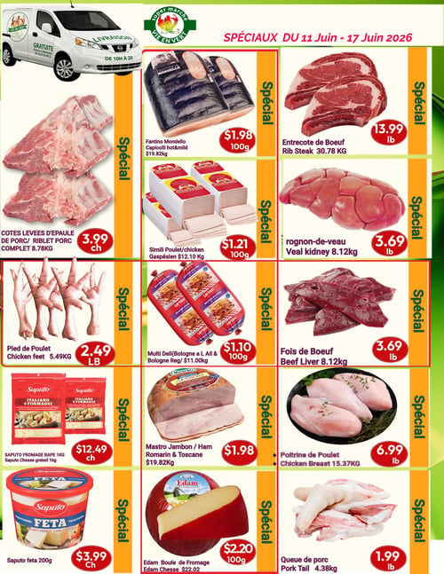 Marché Vie en Vert - Page 4. La page met en vedette des spéciaux sur la viande, la charcuterie et le fromage. On y trouve le service de livraison gratuite pour les commandes de plus de 40 $, disponible de 10h à 20h. Parmi les offres : le Capicolli Fantino Mondello chaud ou doux à 1,98 $ les 100 grammes, l'entrecôte de bœuf à 13,99 $ la livre, les côtes levées d'épaule de porc ou riblet de porc complet à 3,99 $ chacun, le simili poulet Gaspésien à 1,21 $ les 100 grammes, le rognon de veau à 3,69 $ la livre, le pied de poulet à 2,49 $ la livre, la Multi Deli (Bologne à l'ail et régulière) à 1,10 $ les 100 grammes, le foie de bœuf à 3,69 $ la livre, le fromage râpé Saputo 4 fromages de 1 kg à 12,49 $ chacun, le jambon Mastro Romarin et Toscane à 1,98 $ les 100 grammes, la poitrine de poulet à 6,99 $ la livre, la feta Saputo de 200 grammes à 3,99 $ chacun, la boule de fromage Edam à 2,20 $ les 100 grammes, et la queue de porc à 1,99 $ la livre.