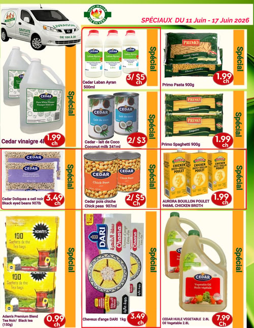 Marché Vie en Vert - Page 5. La page met en avant un service de livraison gratuite pour les commandes de plus de 40 $, disponible de 10h à 20h. En haut de page, on trouve le vinaigre blanc pur Cedar de 4 litres à 1,99 $ l'unité. À côté, le Laban Ayran Cedar de 500 ml est offert à 3 pour 5 $. La pâte Primo de 900 grammes (penne rigate ou coudes) est à 1,99 $ l'unité. Ensuite, le lait de coco Cedar de 341 ml est à 2 pour 3 $. Le spaghetti Primo de 900 grammes (linguine) est à 1,99 $ l'unité. Plus bas, les doliques à œil noir Cedar de 907 grammes sont à 3,49 $ l'unité. Les pois chiches Cedar de 907 ml sont à 2 pour 5 $. Le bouillon de poulet Aurora de 946 ml est à 1,99 $ l'unité. Enfin, le thé noir Adam's Premium Blend de 150 grammes (100 sachets) est à 0,99 $ l'unité. Les cheveux d'ange Dari de 1 kg sont à 3,49 $ l'unité. L'huile végétale Cedar de 2,8 litres est à 7,99 $ l'unité.