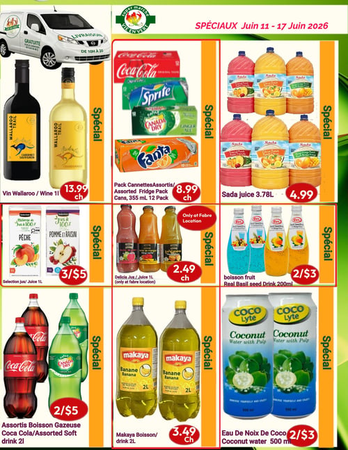 Marché Vie en Vert - Page 9. La page présente une grille de neuf offres spéciales. En haut à gauche, le vin Wallaroo Trail de 1 litre est à 13,99 $ chacun. Au centre en haut, un paquet de 12 canettes assorties de 355 ml de marques comme Coca-Cola, Sprite, Canada Dry et Fanta est à 8,99 $ chacun. En haut à droite, le jus Sada de 3,78 litres est à 4,99 $. Au milieu à gauche, les jus Selection de 1 litre (pêche, pomme et raisin) sont offerts à 3 pour 5 $. Au centre, le jus Delicia de 1 litre (nectar de goyave, mangue, ananas) est à 2,49 $ chacun, disponible seulement à la succursale de Fabre. Au milieu à droite, les boissons aux graines de basilic Real de 200 ml sont à 2 pour 3 $. En bas à gauche, les boissons gazeuses assorties de 2 litres (Coca-Cola, Canada Dry) sont à 2 pour 5 $. Au centre en bas, la boisson Makaya saveur banane de 2 litres est à 3,49 $ chacun. Enfin, en bas à droite, l'eau de noix de coco Coco Lyte de 500 ml est à 2 pour 3 $.