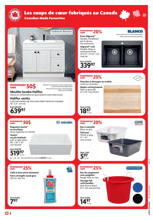 Home Hardware - Page 3. Cette page met en vedette des "coups de cœur fabriqués au Canada". On y trouve un meuble-lavabo Halifax avec dessus en similimarbre et quincaillerie noire mate, à 639,97 $ (anciennement 689,99 $), une économie de 50 $. Un évier double Silgranit Blanco à installation par le dessus, fini anthracite, mesurant 20,5 po x 31,5 po x 8 po, est offert à 339,97 $ (anciennement 429,99 $), une économie de 20 %. Des planches à découper en érable, unies ou rainurées, de 14 po x 10 po, sont à 18,67 $ chacune (anciennement 24,99 $), une économie de 25 %. Une baignoire Austin en acrylique, avec drain à gauche ou à droite, mesurant 60 po x 30 po x 20 po, est à 519,97 $ chacune (anciennement 569,99 $), une économie de 50 %. Une autre baignoire de 60 po x 30 po x 16 po est offerte à 449,97 $ (anciennement 499,99 $). Un bac à vaisselle blanc ou gris, de 12 po x 14 po, est à 5,97 $ chacun (anciennement 7,49 $), une économie de 20 %. De la colle à bois Weld Bond extra résistante, 420 ml, est à 7,97 $ (anciennement 10,99 $), une économie de 25 %. Enfin, un bac de rangement Gracious Living avec poignées, disponible en rouge, bleu ou noir, 67 litres, est à 14,97 $ chacun (anciennement 19,99 $), une économie de 25 %.