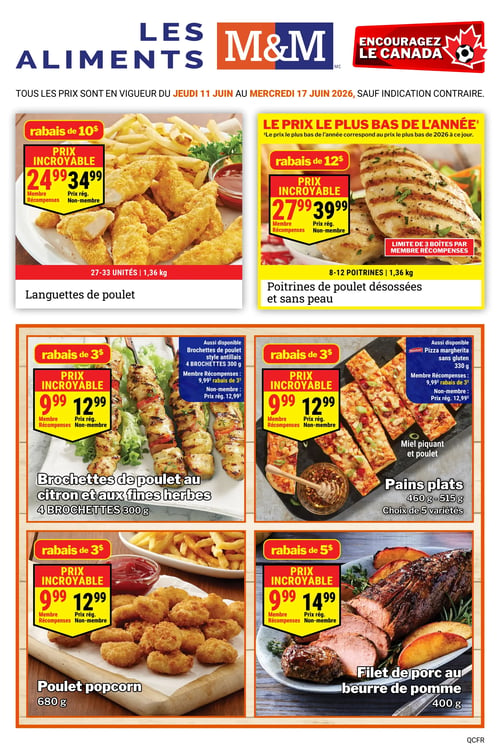 Circulaire Les Aliments M&M - Page 1. Tous les prix sont en vigueur du jeudi 11 juin au mercredi 17 juin 2026, sauf indication contraire. Un bandeau "Encouragez le Canada" est affiché en haut à droite. La page présente six offres de produits. En haut à gauche, les languettes de poulet (27-33 unités, 1,36 kg) sont à 24,99 $ pour les membres Récompenses (prix régulier 34,99 $), soit un rabais de 10 $. En haut à droite, les poitrines de poulet désossées et sans peau (8-12 poitrines, 1,36 kg) sont à 27,99 $ pour les membres Récompenses (prix régulier 39,99 $), soit un rabais de 12 $. Cette offre est limitée à 3 boîtes par membre Récompenses et est présentée comme le prix le plus bas de l'année. Au centre gauche, les brochettes de poulet au citron et aux fines herbes (4 brochettes, 300 g) sont à 9,99 $ pour les membres Récompenses (prix régulier 12,99 $), soit un rabais de 3 $. Des brochettes de poulet style antillais sont aussi disponibles au même prix. Au centre droit, les pains plats (460 g - 515 g, choix de 5 variétés, incluant miel piquant et poulet) sont à 9,99 $ pour les membres Récompenses (prix régulier 12,99 $), soit un rabais de 3 $. Une nouvelle pizza margherita sans gluten (330 g) est aussi disponible au même prix. En bas à gauche, le poulet popcorn (680 g) est à 9,99 $ pour les membres Récompenses (prix régulier 12,99 $), soit un rabais de 3 $. Enfin, en bas à droite, le filet de porc au beurre de pomme (400 g) est à 9,99 $ pour les membres Récompenses (prix régulier 14,99 $), soit un rabais de 5 $.