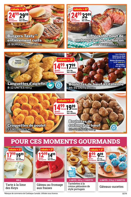 Circulaire Les Aliments M&M - Page 3. La page présente une variété de produits surgelés et de desserts. En haut à gauche, les Burgers Tasty entièrement cuits, 16 burgers de 80 g chacun, sont offerts à 24,99 $ pour les membres Récompenses ou 29,99 $ prix régulier, avec un rabais de 5 $. À droite, les biftecks de haut de surlonge bardés de bacon, 4 biftecks de 142 g chacun, sont à 24,99 $ pour les membres Récompenses ou 32,99 $ prix régulier, avec un rabais de 8 $. En dessous, les languettes d'aiglefin, 8 à 12 unités, 454 g, incluent une sauce. À côté, les boulettes de bœuf à l'italienne, 89 à 95 unités, 907 g, sont à 14,99 $ chacune pour les membres Récompenses ou 17,99 $ prix régulier, avec un rabais de 3 $. Les boulettes de dinde, 78 à 83 unités, 750 g, sont aussi disponibles au même prix. Plus bas, les croquettes de poulet, 33 à 40 unités, 907 g. À droite, les boulettes de surlonge de bœuf, 60 à 70 unités, 907 g, sont à 14,99 $ chacune pour les membres Récompenses ou 19,99 $ prix régulier, avec un rabais de 5 $. La section "Pour ces moments gourmands" propose la tarte à la lime des Keys, 800 g, à 17,99 $ pour les membres Récompenses ou 19,99 $ prix régulier, avec un rabais de 2 $. Le gâteau au fromage aux fraises, 600 g, est à 12,99 $ pour les membres Récompenses ou 14,99 $ prix régulier, avec un rabais de 2 $. Les tartelettes à la crème pâtissière de style portugais, recette originale, 6 unités, 450 g, 2 variétés, sont à 8,99 $ chacune pour les membres Récompenses ou 9,99 $ prix régulier, avec un rabais de 1 $. Enfin, les gâteaux-sucettes Confettis, 6 unités, 216 g, 2 variétés, sont à 8,99 $ chacune pour les membres Récompenses ou 9,99 $ prix régulier, avec un rabais de 1 $.