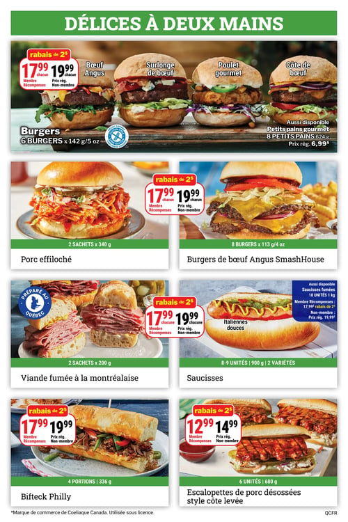 Les Aliments M&M - Page 6. La page est intitulée "DÉLICES À DEUX MAINS" et présente une variété de plats prêts à manger. En haut, des burgers sont offerts à 17,99 $ pour les membres Récompenses et 19,99 $ prix régulier. L'offre inclut 6 burgers de 142 g chacun, disponibles en saveurs Bœuf Angus, Surlonge de bœuf, Poulet gourmet et Côte de bœuf. Des petits pains gourmet sont aussi disponibles, 8 pains de 624 g, à un prix régulier de 6,99 $. Au centre gauche, le porc effiloché est présenté en 2 sachets de 340 g, sans prix affiché. Au centre droit, les burgers de bœuf Angus SmashHouse sont offerts à 17,99 $ pour les membres Récompenses et 19,99 $ prix régulier, pour 8 burgers de 113 g chacun. En bas à gauche, la viande fumée à la montréalaise, préparée au Québec, est vendue en 2 sachets de 200 g à 17,99 $ pour les membres Récompenses et 19,99 $ prix régulier. À droite, les saucisses italiennes douces sont offertes en 8 à 9 unités, 900 g, 2 variétés, sans prix affiché. Des saucisses fumées sont aussi disponibles, 18 unités de 1 kg, à 17,99 $ pour les membres Récompenses (rabais de 2 $) et 19,99 $ prix régulier. En bas à gauche, le bifteck Philly est proposé en 4 portions de 336 g à 17,99 $ pour les membres Récompenses et 19,99 $ prix régulier. Enfin, les escalopettes de porc désossées style côte levée sont offertes en 6 unités de 680 g à 12,99 $ pour les membres Récompenses et 14,99 $ prix régulier.