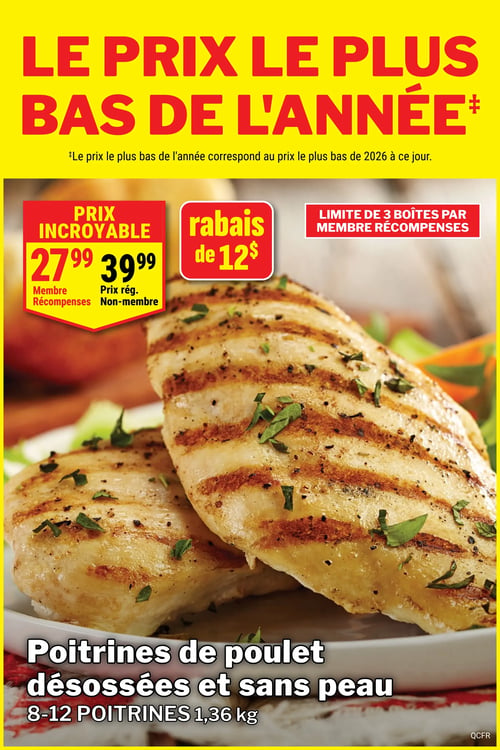 Circulaire Les Aliments M&M - Page 7. La page annonce "LE PRIX LE PLUS BAS DE L'ANNÉE" pour les poitrines de poulet désossées et sans peau. Un paquet de 8 à 12 poitrines (1,36 kg) est offert à un prix incroyable de 27,99 $ pour les membres Récompenses, ce qui représente un rabais de 12 $. Le prix régulier pour les non-membres est de 39,99 $. Une limite de 3 boîtes par membre Récompenses s'applique.