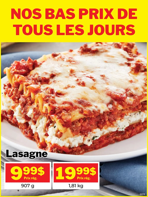 Les Aliments M&M - Page 8. La page met en vedette une grande image d'une lasagne garnie de sauce tomate et de fromage fondu. Le titre en haut de page, sur un fond jaune vif, indique "NOS BAS PRIX DE TOUS LES JOURS". En bas de l'image, le produit est identifié comme "Lasagne". Deux formats sont offerts : 907 grammes pour 9,99 $ (prix régulier) et 1,81 kilogramme pour 19,99 $ (prix régulier).