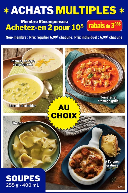 Circulaire Les Aliments M&M - Page 10. La page met en vedette une offre d'achats multiples sur les soupes de 255 g à 400 ml. Pour les membres Récompenses, l'offre est de 2 soupes au choix pour 10 $, ce qui représente un rabais de 3,98 $. Pour les non-membres, le prix régulier est de 6,99 $ chacune. Les variétés de soupes présentées sont : pommes de terre campagnarde, brocoli et cheddar, tomates et fromage grillé, wonton et à l'oignon gratinée.
