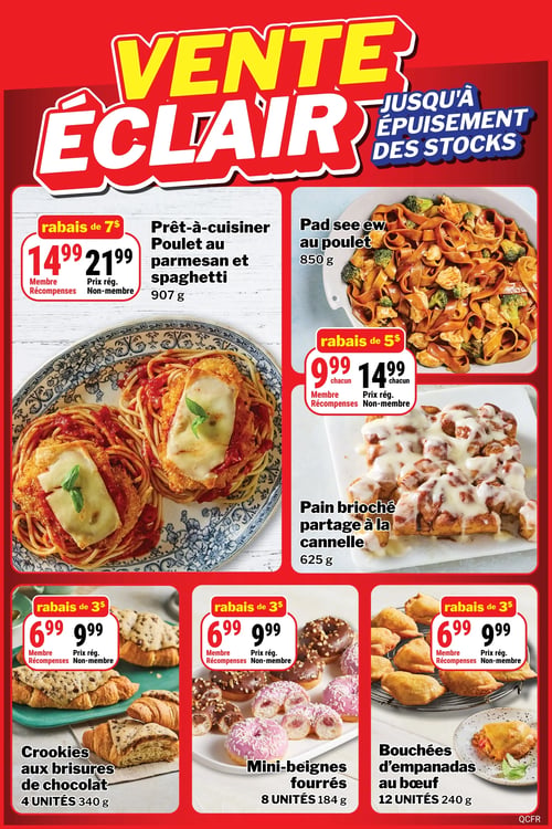 Les Aliments M&M - Page 11. La page annonce une "Vente Éclair jusqu'à épuisement des stocks". En haut à gauche, le poulet au parmesan et spaghetti prêt-à-cuisiner de 907 g est offert avec un rabais de 7 $, à 14,99 $ pour les membres Récompenses et 21,99 $ prix régulier. En haut à droite, le Pad see ew au poulet de 850 g est présenté avec un rabais de 5 $, à 9,99 $ pour les membres et 14,99 $ prix régulier. Au centre droit, un pain brioché partage à la cannelle de 625 g est illustré. En bas à gauche, les crookies aux brisures de chocolat de 4 unités (340 g) sont à 6,99 $ pour les membres et 9,99 $ prix régulier, avec un rabais de 3 $. Au centre en bas, les mini-beignes fourrés de 8 unités (184 g) sont également à 6,99 $ pour les membres et 9,99 $ prix régulier, avec un rabais de 3 $. Enfin, en bas à droite, les bouchées d'empanadas au bœuf de 12 unités (240 g) sont à 6,99 $ pour les membres et 9,99 $ prix régulier, avec un rabais de 3 $.