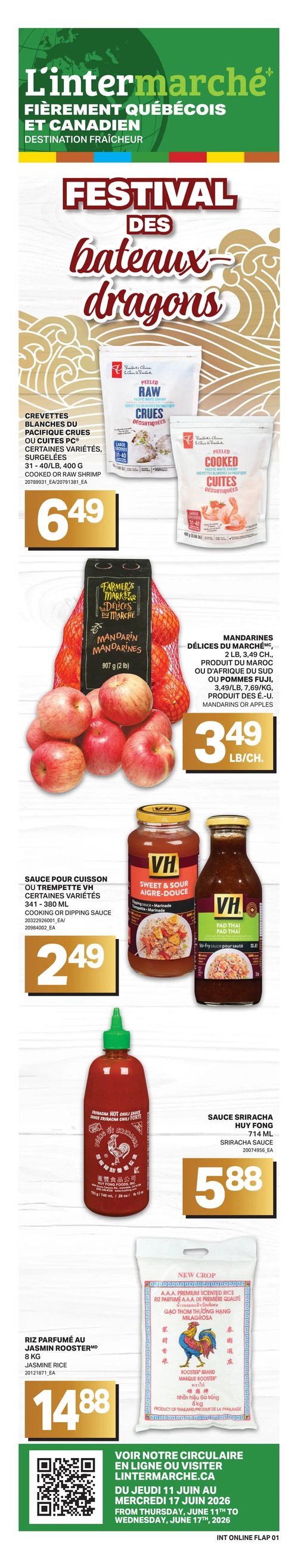 Circulaire L’intermarché - Page 2. La page est intitulée "Le bar laitier" et présente des produits pour desserts et collations. On y trouve des fraises, produit du Québec, à 5,99 $ la livre. Les guimauves Sans Nom, certaines variétés de 400 g, sont offertes à 2,49 $ + taxes. Le sirop saveur de chocolat Hershey's de 523 ml ou les sachets de friandises au chocolat Hershey's de 160 à 270 g, certaines variétés, sont à 5,49 $ + taxes. Les barres de chocolat Sans Nom de 100 g ou les cornets ou gobelets à crème glacée Sans Nom de 75 ou 80 g, certaines variétés, sont à 3 pour 5 $ ou 1,67 $ chaque + taxes. Enfin, la crème glacée Coaticook de 2 litres, certaines variétés, est à 5,49 $.