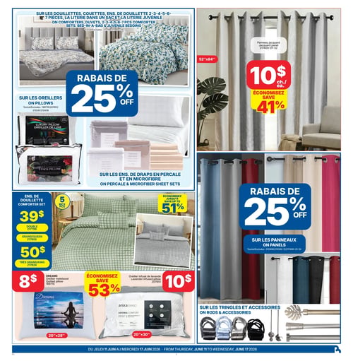 Circulaire Rossy - Page 2. La page présente des offres sur la literie et les rideaux. Dans la section literie, profitez d'un rabais de 25 % sur les douillettes, couettes, ensembles de douillette 2-3-4-5-6-7 pièces, la literie dans un sac et la literie juvénile (excluant les codes 217799, 217800-24). Un rabais de 25 % est également offert sur les oreillers (excluant les codes 169715, 207651, 210241/212436). Économisez jusqu'à 51 % sur les ensembles de draps en percale et en microfibre. Un ensemble de douillette 5 pièces est disponible à 39 $ pour le format double (217799) et à 50 $ pour les formats grand/queen (217800) et très grand/king (217824). Deux oreillers spécifiques sont en promotion : l'oreiller matelassé Dreams de 20"x28" à 8 $ (économisez 53 %) et l'oreiller infusé de lavande Ariza Sleep de 20"x30" à 10 $. Dans la section rideaux, un panneau jacquard de 52"x84" est offert à 10 $ chacun, ce qui représente une économie de 41 % (code 217400-01-32). Bénéficiez d'un rabais de 25 % sur les panneaux de rideaux (excluant les codes 212906/215300-12/217400-01-32). Enfin, la page mentionne des offres sur les tringles et accessoires de rideaux.