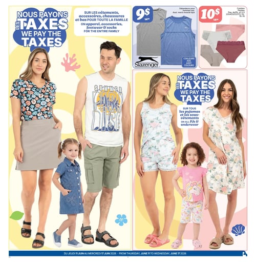 Circulaire Rossy - Page 4. La page met en vedette la promotion "Nous payons les taxes" sur une variété de vêtements et accessoires pour toute la famille. Deux offres spécifiques sont présentées en haut de page : des débardeurs Slazenger pour hommes à 9 $ (prix régulier 14,99 $) et un paquet de 3 à 5 culottes à 10 $ (prix régulier 14,99 $). La promotion "Nous payons les taxes" s'applique aux vêtements, accessoires, chaussures et bas pour toute la famille, ainsi qu'à tous les pyjamas et sous-vêtements. La partie gauche de la page montre une femme en haut fleuri et jupe grise, un homme en débardeur blanc et short cargo, et une petite fille en robe en jean, illustrant des tenues de jour. La partie droite présente une femme en ensemble pyjama fleuri, une petite fille en t-shirt licorne et short, et une autre femme en chemise de nuit fleurie, représentant les articles de nuit et sous-vêtements.