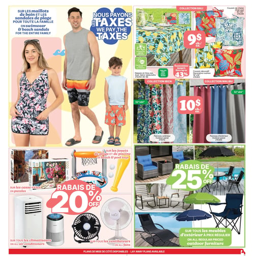 Circulaire Rossy - Page 5. La page met en vedette une offre où Rossy paie les taxes sur certains produits. La section principale présente des maillots de bain et sandales de plage pour toute la famille, avec un homme, une femme et un enfant portant des tenues estivales. La collection Bali propose des coussins de chaise et décoratifs à 9 $ chacun, avec des motifs tropicaux ou géométriques. Des nappes en tissu hydrofuges et traitées anti-UV sont également disponibles. Les collections Ibiza et Malibu offrent des panneaux d'extérieur de 52"x84" à 10 $ chacun, avec des motifs floraux ou des couleurs unies. Un rabais de 20 % est offert sur les casse-têtes, les jouets de plage et de piscine (incluant un panier de basketball et une batte), tous les climatiseurs (un modèle portatif est illustré) et tous les ventilateurs (deux modèles sont montrés). Enfin, profitez d'un rabais de 25 % sur tous les meubles d'extérieur à prix régulier, incluant des ensembles de patio, des chaises berçantes, des chaises longues et des parasols. Des plans de mise de côté sont disponibles.
