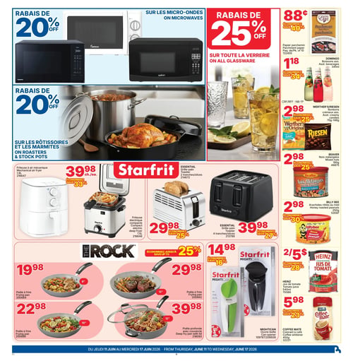 Circulaire Rossy - Page 6. La page présente des rabais sur divers articles de cuisine et produits d'épicerie. En haut à gauche, un rabais de 20 % est offert sur les micro-ondes, avec des modèles Panasonic et Salton illustrés. Juste en dessous, un rabais de 20 % s'applique sur les rôtissoires et les marmites, montrant une grande marmite et une rôtissoire avec un poulet. En haut à droite, un rabais de 25 % est disponible sur toute la verrerie, avec une image de verres remplis de boisson glacée. La colonne de droite propose plusieurs offres d'épicerie : des papiers parchemin Chef Elite, paquet de 10, à 0,88 $ (économisez 40 %) ; des boissons Domingo assorties, 341 ml, à 1,18 $ (économisez 34 %) ; des bonbons crémeux Werther's Original ou Riesen, 70 g à 146 g, à 2,98 $ (économisez 25 %) ; des noix mélangées Beaver, 190 g, à 2,98 $ (économisez 25 %) ; des arachides rôties au miel Billy Bee, 250 g, à 2,98 $ (économisez 30 %) ; du jus de tomate Heinz, 540 ml, 2 pour 5 $ (économisez 28 %) ; et du colorant à café Coffee Mate Original, 450 g, à 5,98 $ (économisez 23 %). Au centre de la page, des électroménagers Starfrit sont en vedette : une friteuse à air mécanique de 1,9 litres à 39,98 $ l'unité (économisez 33 %) ; une friteuse électrique compacte de 1,5 litres à 29,98 $ (économisez 25 %) ; un grille-pain Essential de 2 tranches à 29,98 $ (économisez 25 %) ; et un grille-pain Essential de 4 tranches à 39,98 $ (économisez 27 %). En bas de page, des poêles à frire The Rock sont offertes : une de 8 pouces à 19,98 $ ; une de 10 pouces à 22,98 $ ; une de 12 pouces à 29,98 $ ; et une poêle profonde de 12 pouces avec couvercle à 39,98 $. Un ouvre-boîte Mightican Starfrit est également disponible à 14,98 $ (économisez 16 %).