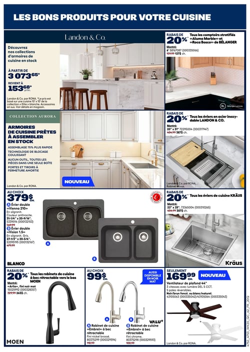 Circulaire Rona - Page 17. La page est intitulée "Les bons produits pour votre cuisine". En haut à gauche, une grande image présente une cuisine moderne de Landon & Co. avec des armoires blanches. La collection d'armoires de cuisine est disponible en stock à partir de 3 073,65 $, ou 153,68 $ le pied linéaire. En haut à droite, un rabais de 20 % est offert sur tous les comptoirs stratifiés "Aluma Marble" et "Roca Bosco" de Bélanger, à 127 $ le pied linéaire (anciennement 159,99 $). Au centre gauche, la collection d'armoires de cuisine prêtes à assembler Aurora est en stock, offrant un assemblage 75 % plus rapide, une technologie de blocage coulissant, toutes les pièces dans une seule boîte sans outil, et des portes et tiroirs à fermeture amortie. Au centre droit, un rabais de 20 % est appliqué sur tous les éviers en acier inoxydable Landon & Co., comme un modèle de 20" x 31" à 387 $ (anciennement 484,99 $). En bas à gauche, deux éviers doubles Blanco en silgranit sont offerts au choix à 379 $ chacun : le modèle "Vienna 210" anthracite de 31-1/4" x 20-9/16" (anciennement 549,99 $) et le modèle "Vision 1.5" gris de 27-1/2" x 20-3/4" (anciennement 479,99 $). Au centre bas, deux robinets de cuisine Valu+ "Embrel" à bec rétractable sont au choix à 99 $ chacun. Ils sont disponibles en fini nickel brossé (anciennement 118,99 $) ou en fini chrome (anciennement 108,99 $), et aussi en noir mat. En bas à droite, un rabais de 20 % est offert sur tous les éviers de cuisine Kraus, comme un modèle de 22" x 25" à 387 $ (anciennement 484,99 $). Enfin, un nouveau ventilateur de plafond de 44" est disponible pour seulement 169,99 $. Il possède 3 vitesses, une lumière DEL 5 CCT et 5 pales réversibles, en noir/brun foncé ou blanc/naturel.