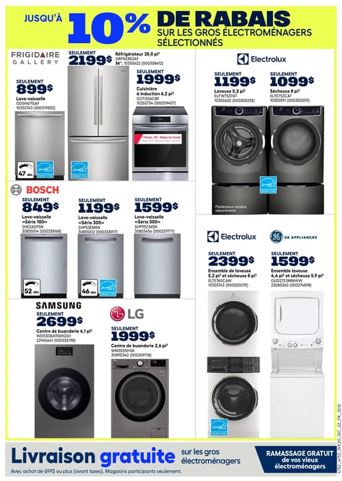 Circulaire Rona - Page 20. La page annonce jusqu'à 10 % de rabais sur les gros électroménagers sélectionnés. La section Frigidaire Gallery présente un lave-vaisselle à 899 $, un réfrigérateur de 28,8 pi³ à 2199 $ et une cuisinière à induction de 6,2 pi³ à 1999 $. La cuisinière est décrite comme offrant "1 four, 15+ façons de cuisiner". La section Electrolux propose une laveuse de 5,2 pi³ à 1199 $ et une sécheuse de 8 pi³ à 1099 $, avec la mention que les piédestaux sont vendus séparément. La section Bosch inclut trois lave-vaisselle : la «Série 100» à 849 $, la «Série 300» à 1199 $ et la «Série 500» à 1599 $. Un centre de buanderie Samsung de 6,1 pi³ est affiché à 2699 $. Un centre de buanderie LG de 2,6 pi³ est à 1999 $. Deux ensembles laveuse-sécheuse sont également présentés : un ensemble Electrolux de 4,2 pi³ (laveuse) et 8 pi³ (sécheuse) à 2399 $, et un ensemble GE de 4,4 pi³ (laveuse) et 5,9 pi³ (sécheuse) à 1599 $. En bas de page, une bannière annonce la livraison gratuite sur les gros électroménagers avec un achat de 699 $ ou plus (avant taxes) dans les magasins participants seulement, ainsi que le ramassage gratuit des vieux électroménagers.