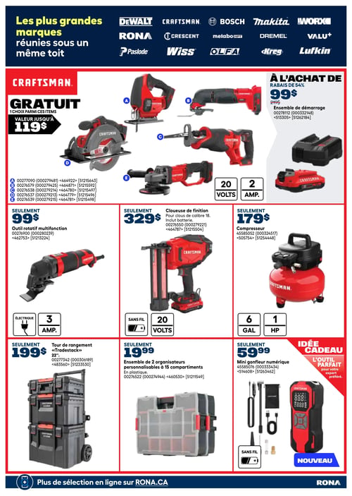 Circulaire Rona - Page 28. En haut de page, un bandeau bleu foncé affiche le titre "Les plus grandes marques réunies sous un même toit" avec les logos de DeWalt, Craftsman, Bosch, Makita, Worx, Rona, Crescent, Metabo HPT, Dremel, Valu+, Paslode, Wiss, Olfa, Kreg et Lufkin. La section principale met en avant la marque Craftsman. Une offre "GRATUIT" permet de choisir un article d'une valeur allant jusqu'à 119 $ parmi une sélection d'outils électriques, incluant une scie sauteuse, une scie alternative, une scie circulaire, une meuleuse d'angle et un outil oscillant. À droite, un ensemble de démarrage Craftsman, incluant une batterie et un chargeur, est offert à 99 $, représentant un rabais de 54 % sur le prix original de 219 $. En dessous, une grille présente d'autres offres Craftsman: un outil rotatif multifonction électrique de 3 ampères à 99 $; une cloueuse de finition sans fil de 20 volts, incluant une batterie, pour 329 $; un compresseur de 6 gallons et 1 HP à 179 $; une tour de rangement "Tradestack" de 22 pouces à 199 $; un ensemble de deux organisateurs personnalisables en plastique à 15 compartiments pour 19,99 $; et un mini gonfleur numérique sans fil à 59,99 $, présenté comme une "Idée cadeau" et un "Nouveau" produit. En bas de page, un bandeau bleu indique "Plus de sélection en ligne sur RONA.CA".