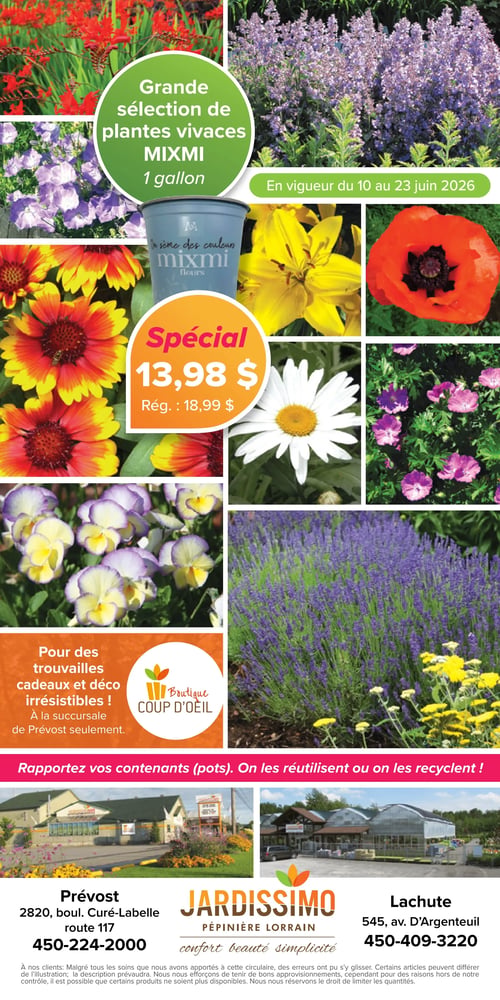 Circulaire Jardissimo - Page 4. La page met en vedette une grande sélection de plantes vivaces MIXMI en format 1 gallon, offertes à 13,98 $ (prix régulier 18,99 $). Les images montrent une variété de fleurs, incluant des crocosmias rouges, de la lavande, des campanules violettes, des gaillardes jaunes et rouges, des lys jaunes, des coquelicots rouges, des marguerites blanches, des géraniums roses et des pensées. Cette offre est en vigueur du 10 au 23 juin 2026. Une section intitulée "Boutique Coup d'œil" propose des trouvailles cadeaux et déco irrésistibles, disponible exclusivement à la succursale de Prévost. Un message encourage les clients à rapporter leurs contenants (pots) pour qu'ils soient réutilisés ou recyclés. La page fournit également les coordonnées des deux succursales Jardissimo Pépinière Lorrain : Prévost (2820, boulevard Curé-Labelle, route 117, téléphone 450-224-2000) et Lachute (545, avenue D'Argenteuil, téléphone 450-409-3220). Le slogan de l'entreprise est "confort beauté simplicité".