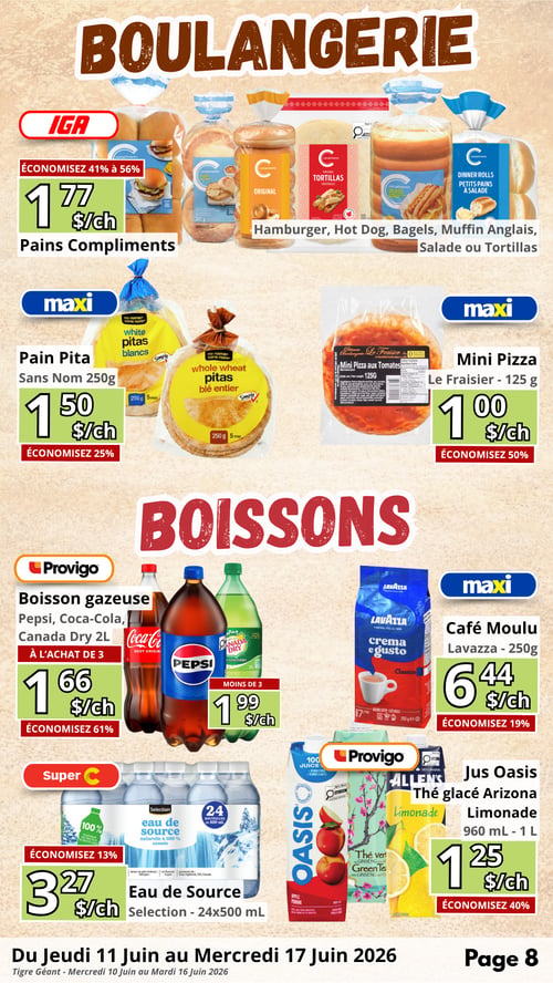 Circulaire en Ligne - Page 8. La section BOULANGERIE propose les Pains Compliments IGA (pains à hamburger, hot-dog, bagels, muffins anglais, pains à salade ou tortillas) à 1,77 $ chacun, avec des économies de 41 % à 56 %. Le Pain Pita Sans Nom Maxi de 250 g (blanc ou blé entier) est à 1,50 $ chacun, économisez 25 %. La Mini Pizza Le Fraisier Maxi de 125 g est à 1,00 $ chacune, économisez 50 %.
La section BOISSONS inclut les boissons gazeuses Provigo (Pepsi, Coca-Cola, Canada Dry) de 2 L à 1,66 $ chacune à l'achat de 3 ou plus (économisez 61 %), ou 1,99 $ chacune pour moins de 3. Le Café Moulu Lavazza Maxi de 250 g est à 6,44 $ chacun, économisez 19 %. L'Eau de Source Selection Super C en paquet de 24 bouteilles de 500 mL est à 3,27 $ le paquet, économisez 13 %. Enfin, les Jus Oasis, Thé glacé Arizona ou Limonade Provigo de 960 mL à 1 L sont à 1,25 $ chacun, économisez 40 %.
Offres valides du jeudi 11 juin au mercredi 17 juin 2026.