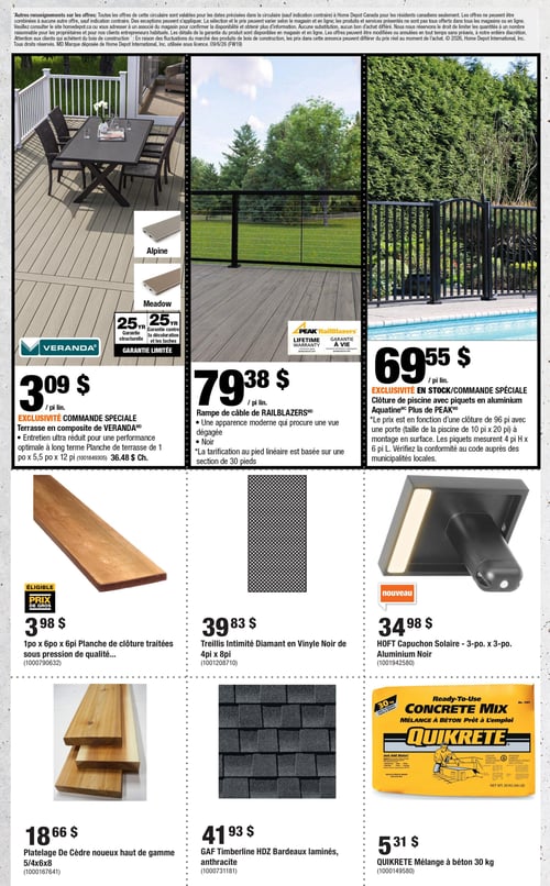 Circulaire Home Depot - Page 8. La page présente neuf produits pour l'extérieur et la construction, organisés en trois rangées. En haut à gauche, une terrasse en composite Veranda, disponible en couleurs Alpine et Meadow, avec une garantie de 25 ans sur la structure, la décoloration et les taches, est offerte à 3,09 $ le pied linéaire. Une planche de terrasse de 1 po x 5,5 po x 12 pi est aussi offerte à 36,48 $ chacune. Au centre, une rampe de câble RailBlazers noire, offrant une vue dégagée, est à 79,38 $ le pied linéaire, avec une garantie à vie. À droite, une clôture de piscine Aquatine Plus de Peak en aluminium noir, avec piquets de 4 pieds de hauteur par 6 pieds de largeur, est à 69,55 $ le pied linéaire. Le prix est basé sur une clôture de 96 pieds avec une porte pour une piscine de 10 pieds par 20 pieds. Au milieu à gauche, une planche de clôture traitée sous pression de 1 po x 6 po x 6 pi est à 3,98 $. Au centre, un treillis d'intimité en vinyle noir à motif diamant, de 4 pieds par 8 pieds, est à 39,83 $. À droite, un nouveau capuchon solaire Hoft en aluminium noir de 3 po x 3 po est à 34,98 $. En bas à gauche, un platelage de cèdre noueux haut de gamme de 5/4 po x 6 po x 8 pi est à 18,66 $. Au centre, des bardeaux laminés GAF Timberline HDZ de couleur anthracite sont à 41,93 $. Enfin, à droite, un sac de mélange à béton Quikrete de 30 kg est à 5,31 $.