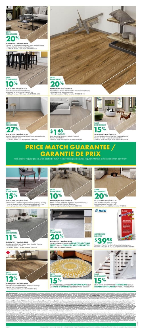 Circulaire Kent - Page 7. La page présente une variété de revêtements de sol et d'accessoires. En haut à gauche, le plancher stratifié résistant à l'eau Gobi 12+2mm de 7,6 pouces est à 2,68 $ le pied carré, une économie de 20 %. Juste en dessous, le revêtement de sol stratifié en chêne Annapolis 12mm est à 1,78 $ le pied carré, avec 10 % de rabais. À droite, le stratifié étanche Masterfloor Chelsea Hickory 12mm est à 2,68 $ le pied carré, économisez 20 %. Au centre de la page, le plancher stratifié Torro 8mm de 7,6 pouces résistant à l'eau est à 1,88 $ le pied carré, une économie de 27 %. À sa droite, le plancher stratifié Quaco 8mm est à 1,48 $ le pied carré. Plus à droite, la planche de vinyle à noyau de chêne Sandbank 5,0 mm est à 2,78 $ le pied carré, avec 15 % de rabais. Une bannière centrale annonce une "Garantie de prix : Trouvez un prix de détail régulier inférieur et nous le battrons par 10 %!". La section inférieure propose le vinyle d'ingénierie volcanique Little Bear 5,3 mm à 3,18 $ le pied carré, économisez 15 %. À sa droite, le vinyle rigide Jett Blonde 6,5 mm est à 3,82 $ le pied carré, avec 10 % de rabais. Puis, le plancher vinyle clic Birchdale 7 mm est à 3,42 $ le pied carré, économisez 20 %. Un sac de 22,7 kg de chape autonivelante Mapei Novoplan 2 Plus est offert à 39,98 $ l'unité. On trouve également le carreau Mason Stone Core 12"x24" 6mm à 3,98 $ le pied carré, économisez 11 %. La feuille de vinyle Fundy 75 mil est à 1,79 $ le pied carré, avec 20 % de rabais. Enfin, des tapis d'extérieur et des éléments d'escalier sont offerts avec 15 % de rabais.