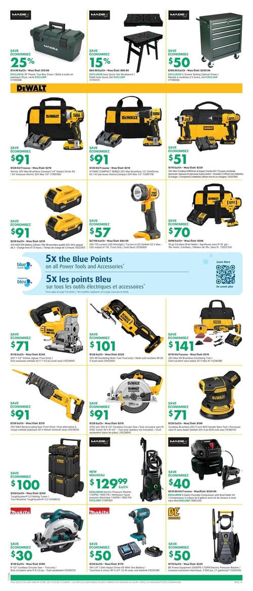 Circulaire Kent - Page 8. La page présente une variété d'outils et d'accessoires, avec une offre spéciale de 5x les points Bleu sur tous les outils électriques et accessoires. En haut, trois produits Made4 sont offerts : une boîte à outils en plastique verte de 19 po, économisez 25 % (était 19,99 $); un établi Auto Quick-Set, économisez 15 % (était 99,99 $); et un meuble roulant vert à 5 tiroirs, économisez 50 $ (était 249,99 $). La section principale est dédiée aux outils Dewalt. Économisez 91 $ sur le kit visseuse Atomic 20V Max 1/4" (était 219 $) et sur le kit perceuse Atomic Compact 20V Max 1/2" (était 219 $). Le kit combiné perceuse-visseuse et perceuse à percussion 20V Max est à 51 $ de rabais (était 229 $). Un paquet de 2 piles 20V Max 5Ah est à 91 $ de rabais (était 319 $). Une torche à DEL 20V Max de 110 lumens est à 57 $ de rabais (était 84,99 $). Une cloueuse à finition 18 ga 18V sans fil est à 70 $ de rabais (était 568 $). Parmi les scies et outils Dewalt, économisez 71 $ sur la scie sauteuse orbitale 20V 1-1/2 po (outil seul, était 249 $). L'outil oscillant XR 20V (outil seul) est à 101 $ de rabais (était 229 $). Le kit outil oscillant sans balais 20V Max XR est à 141 $ de rabais (était 319 $). La scie alternative à coupe orbitale plastique 20V lithium-ion (outil seul) et la scie circulaire sans fil 20V 6-1/2" (outil seul) sont toutes deux à 91 $ de rabais (étaient 219 $ chacune). La ponceuse sans fil sans balais 20V 5 po ROS (outil seul) est à 71 $ de rabais (était 199 $). En bas de page, on trouve une tour roulante Dewalt ToughSystem 2.0 à 100 $ de rabais (était 358 $). Un nouveau nettoyeur haute pression électrique de 1,5 GPM / 1900 PSI est offert à 129,99 $. Un compresseur à crêpes Made4 de 6 gallons avec kit de cloueuse à clous est à 40 $ de rabais (était 259,99 $). Une scie circulaire Makita sans fil 6 1/2 po (outil seul) est à 30 $ de rabais (était 169 $). Un tournevis à chocs Makita 18V LXT 1,5 Ah avec une batterie est à 50 $ de rabais (était 179 $). Enfin, une laveuse à pression électrique BE 2000 PSI, 1,7 gal/min est à 50 $ de rabais (était 229 $).