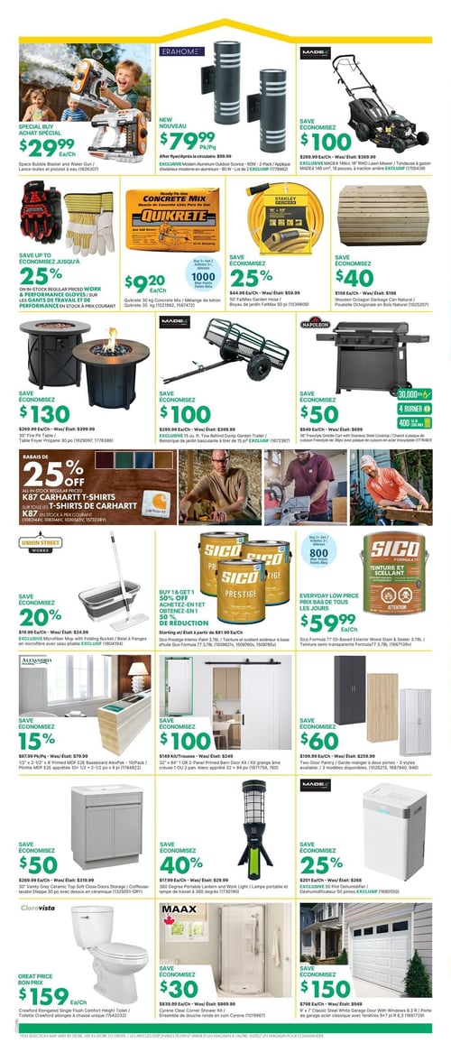 Circulaire Kent - Page 10. La page présente une variété de produits pour la maison et le jardin. En haut à gauche, un lance-bulles et pistolet à eau est à 29,99 $ chacun. À côté, une applique d'extérieur moderne en aluminium, lot de 2, est offerte à 79,99 $ le paquet. Une tondeuse à gazon MADE4 146 cm³ à traction arrière bénéficie d'une économie de 100 $. Plus bas, économisez jusqu'à 25 % sur les gants de travail et de performance en stock. Le mélange de béton Quikrete de 30 kg est à 9,20 $ chacun, avec 1000 points bleus à l'achat de 5 ou plus. Un boyau de jardin FatMax de 50 pi est à 25 % de rabais. Une poubelle octogonale en bois naturel permet d'économiser 40 $. Une table foyer au propane de 30 po est à 130 $ de rabais. Une remorque de jardin basculante de 15 pi³ est à 100 $ de rabais. Un chariot à plaque de cuisson Freestyle de 36 po avec plaque de cuisson en acier inoxydable bénéficie d'une économie de 50 $. Tous les t-shirts Carhartt K87 en stock sont à 25 % de rabais. Un balai à franges en microfibre avec seau pliable est à 20 % de rabais. La peinture intérieure Sico Prestige de 3,78 L est en promotion : achetez-en 1 et obtenez-en 1 à 50 % de réduction. La teinture semi-transparente Sico Formula 77 de 3,78 L est au prix bas de tous les jours à 59,99 $ chacun, avec 800 points bleus à l'achat de 2 ou plus. Une plinthe MDF E2E apprêtée AlexPak de 1/2 po x 2-1/2 po x 8 pi, paquet de 10, est à 15 % de rabais. Un kit grange âme creuse de 32 po x 84 po permet d'économiser 100 $. Un garde-manger à deux portes est à 60 $ de rabais. Une coiffeuse-lavabo Dieppe de 30 po avec dessus en céramique est à 50 $ de rabais. Une lampe portable et lampe de travail à 360 degrés est à 40 % de rabais. Un déshumidificateur de 50 pintes est à 25 % de rabais. Une toilette Crawford allongée à chasse unique est au grand prix de 159 $ chacun. Un ensemble de douche ronde en coin Cyrene est à 30 $ de rabais. Enfin, une porte de garage acier classique avec fenêtres de 9 pi x 7 pi est à 150 $ de rabais.