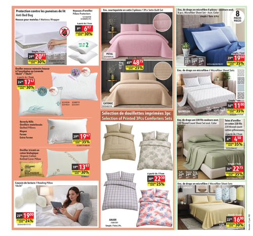 Circulaire Korvette - Page 2. La page présente des articles de literie. En haut à gauche, une housse pour matelas anti-punaises de lit est offerte à partir de 20,97 $ (rég. 29,99 $), avec 30 % d'économie. Des housses d'oreiller sont disponibles en ensemble de deux à 6,97 $ (rég. 9,99 $), avec 30 % d'économie. Au centre gauche, un oreiller en mousse mémoire à l'eucalyptus ou lavande, de dimensions 18x26 ou 18x34 pouces, est à partir de 17,47 $ (rég. 24,99 $), avec 30 % d'économie. Des oreillers matelassés Beverly Hills (moyen, ferme, extra ferme) sont à 19,47 $ (rég. 29,99 $), avec 35 % d'économie. Un oreiller tricoté en coton biologique est à 13,97 $ (rég. 19,99 $), avec 30 % d'économie. En bas à gauche, un coussin de lecture de 18x36 pouces est à 19,00 $ (rég. 25,00 $), avec 24 % d'économie. En haut au centre, des ensembles courtepointe en satin 3 pièces sont présentés : le modèle Petal (rose) et le modèle Catonic (beige) sont offerts à partir de 48,75 $ pour Grand/Queen (rég. 65,00 $) et 56,25 $ pour Très grand (rég. 75,00 $), avec 25 % d'économie. Au centre, une sélection de douillettes imprimées 3 pièces (Amari) est à partir de 22,50 $ (rég. 30,00 $), avec 25 % d'économie, avec quatre motifs différents illustrés. En haut à droite, des ensembles de draps en microfibre 8 pièces, couleurs assorties, sont à partir de 19,50 $ pour Simple/Jumeau 6 pièces (rég. 29,99 $), avec 35 % d'économie. Les tailles Plein, Grand et Très grand sont aussi disponibles. Plus bas à droite, des ensembles de draps en microfibre Raynolds sont à partir de 11,00 $ pour Simple/Jumeau (rég. 16,99 $), avec 35 % d'économie. Des ensembles de draps unis 220 fils, couleurs assorties (vert olive montré), sont à partir de 22,75 $ pour Simple/Jumeau (rég. 34,99 $), avec 35 % d'économie. Des taies d'oreiller en coton 220 fils, couleurs assorties, sont à partir de 4,50 $ (rég. 6,99 $), avec 35 % d'économie. Enfin, en bas à droite, des ensembles de draps en microfibre Ainsley (jaune pâle) sont à 16,00 $ pour Grand/Queen (rég. 22,99 $) et 17,00 $ pour Très grand (rég. 24,99 $), avec 30 % d'économie.
